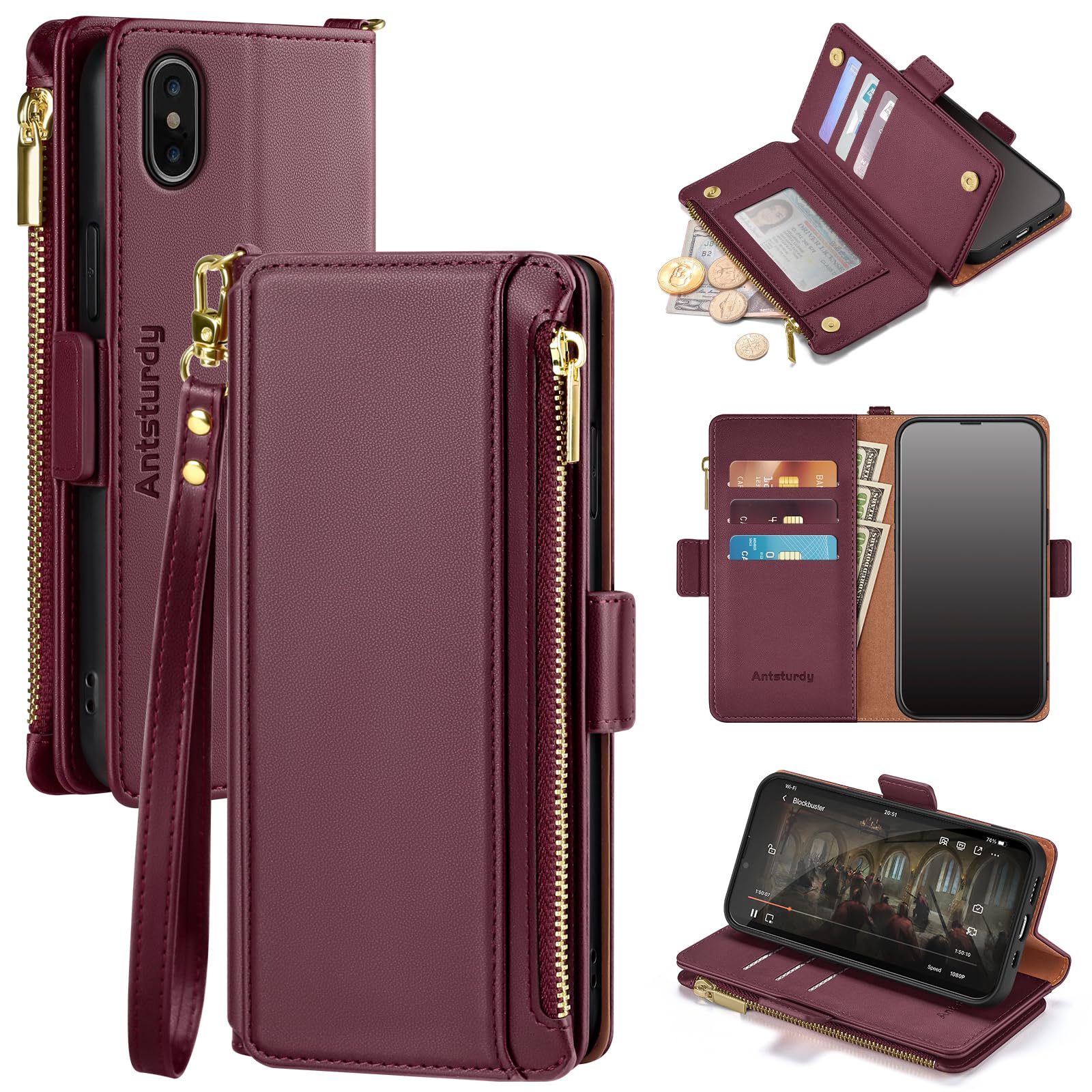 Antsturdy for iPhone X case Wallet Women with Card Holder,PU Leather ?RFID Blocking? iPhone Xs Phone case Men Flip Folio Shockproof Cover with Strap Zipper Credit Card Slots,Wine Red