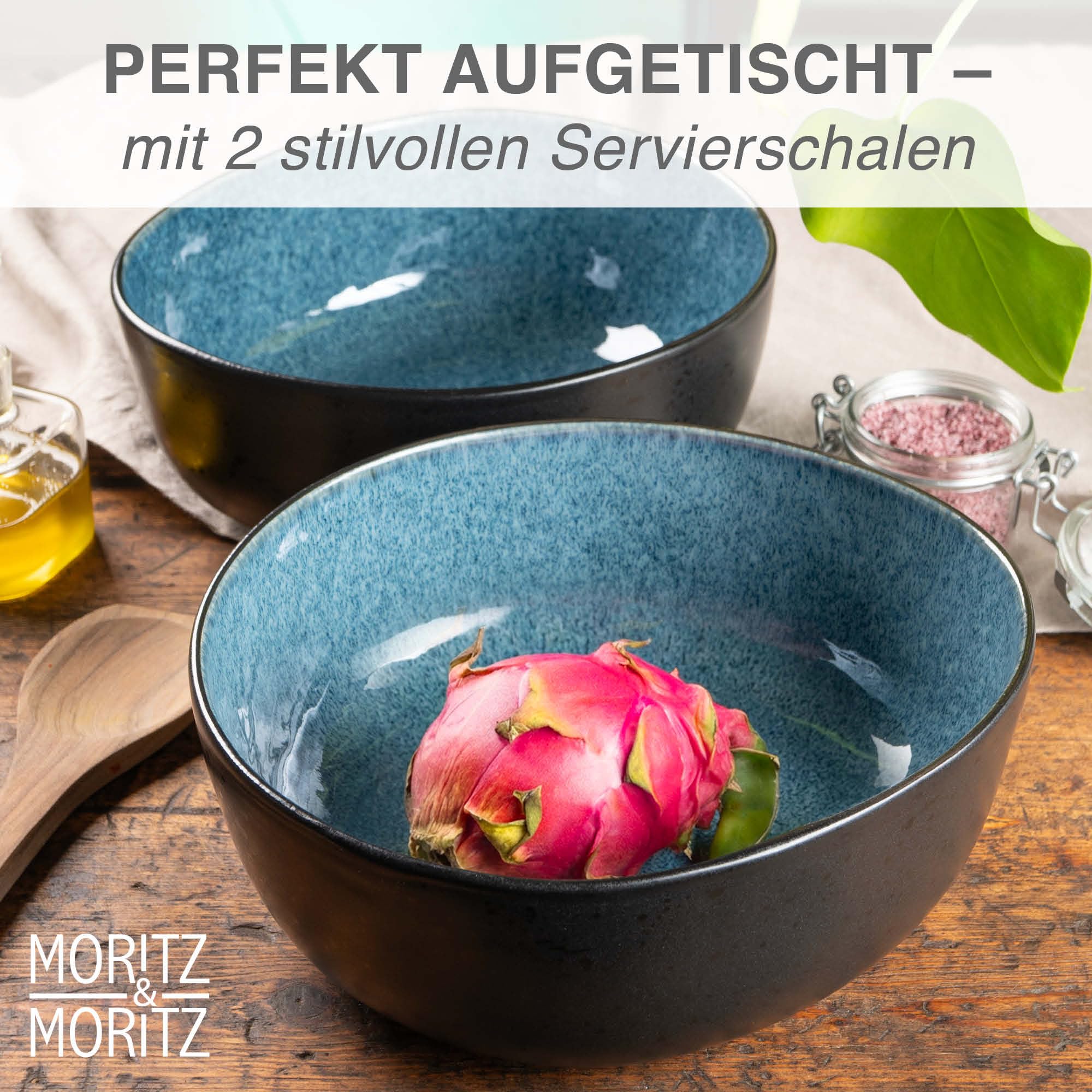 Moritz & Moritz Organic Lot de 2 grands bols de service bleus en grès de qualité supérieure, modernes et intemporels, passent au micro-ondes et au lave-vaisselle, parfaits pour les salades, les pâtes