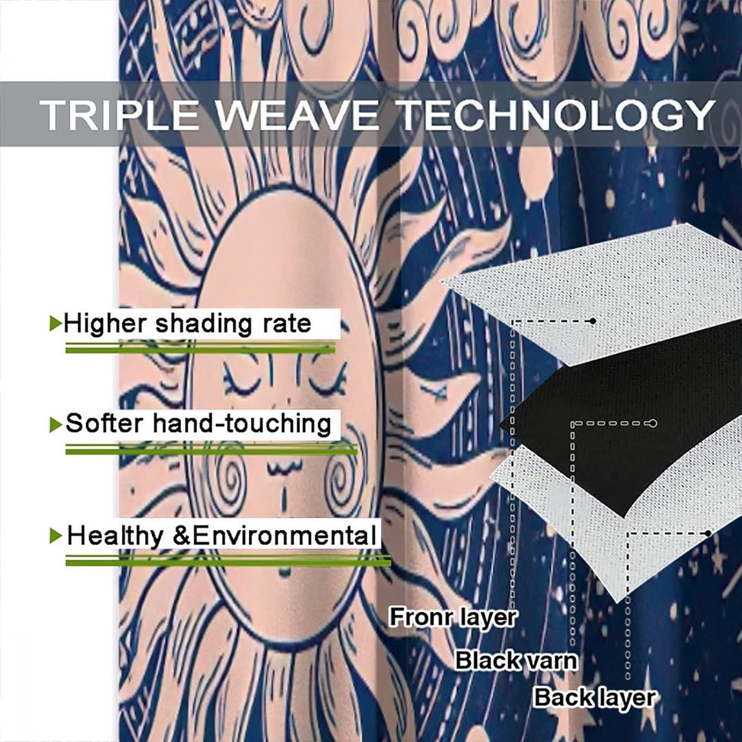 Sun Moon Curtain, Magic Astrology Divination Room Darkening Door Window Rod Pocket Curtain for Bedroom Kitchen Living Room 42x54in