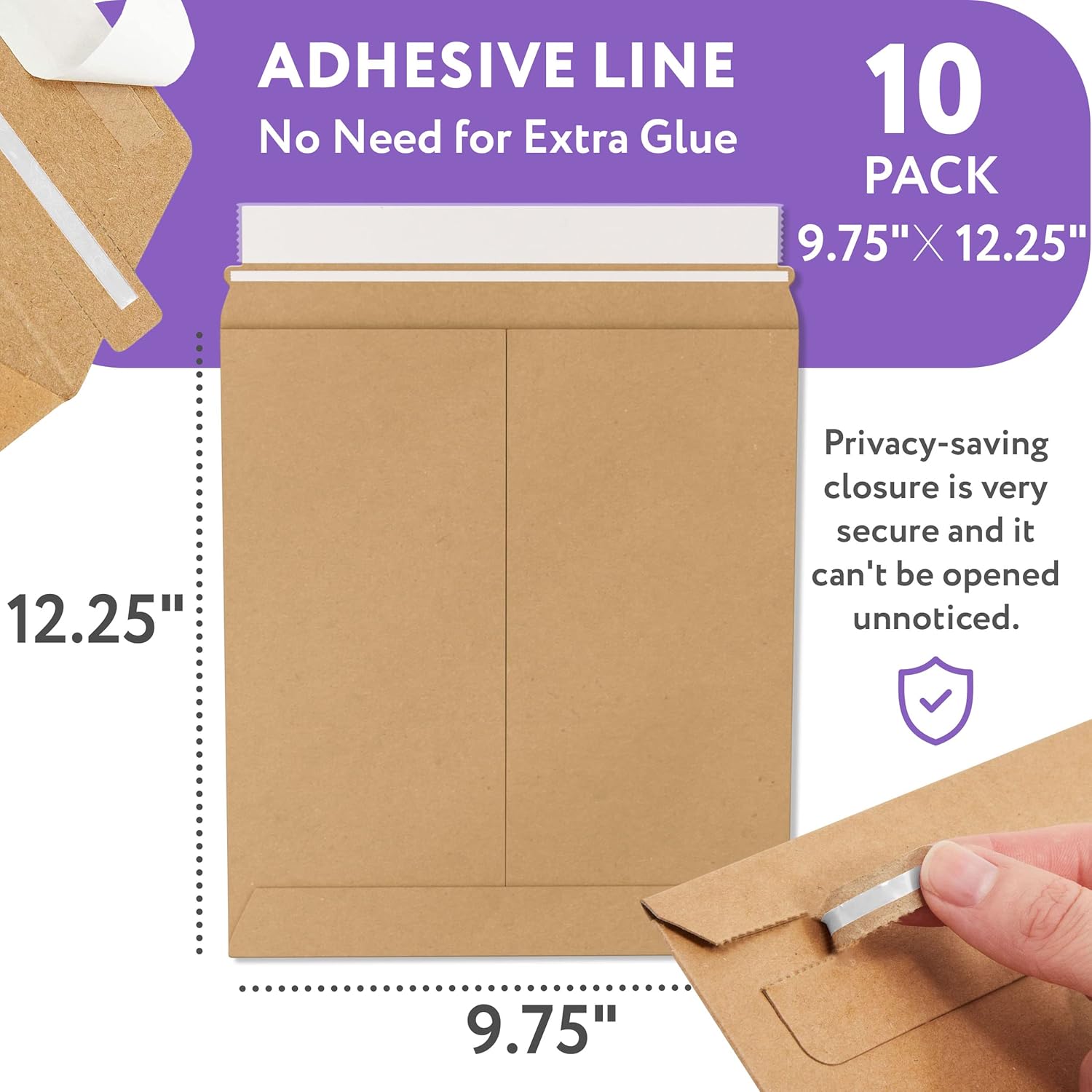 APQ Supply Natural Kraft Rigid Mailers, 9.75 x 12.25 Inches. Pack of 10 Paperboard Envelopes. Sturdy Stay Flat Mailers with Self-Seal Closure. Recyclable Hard Envelopes for Mailing. Stayflat Mailer