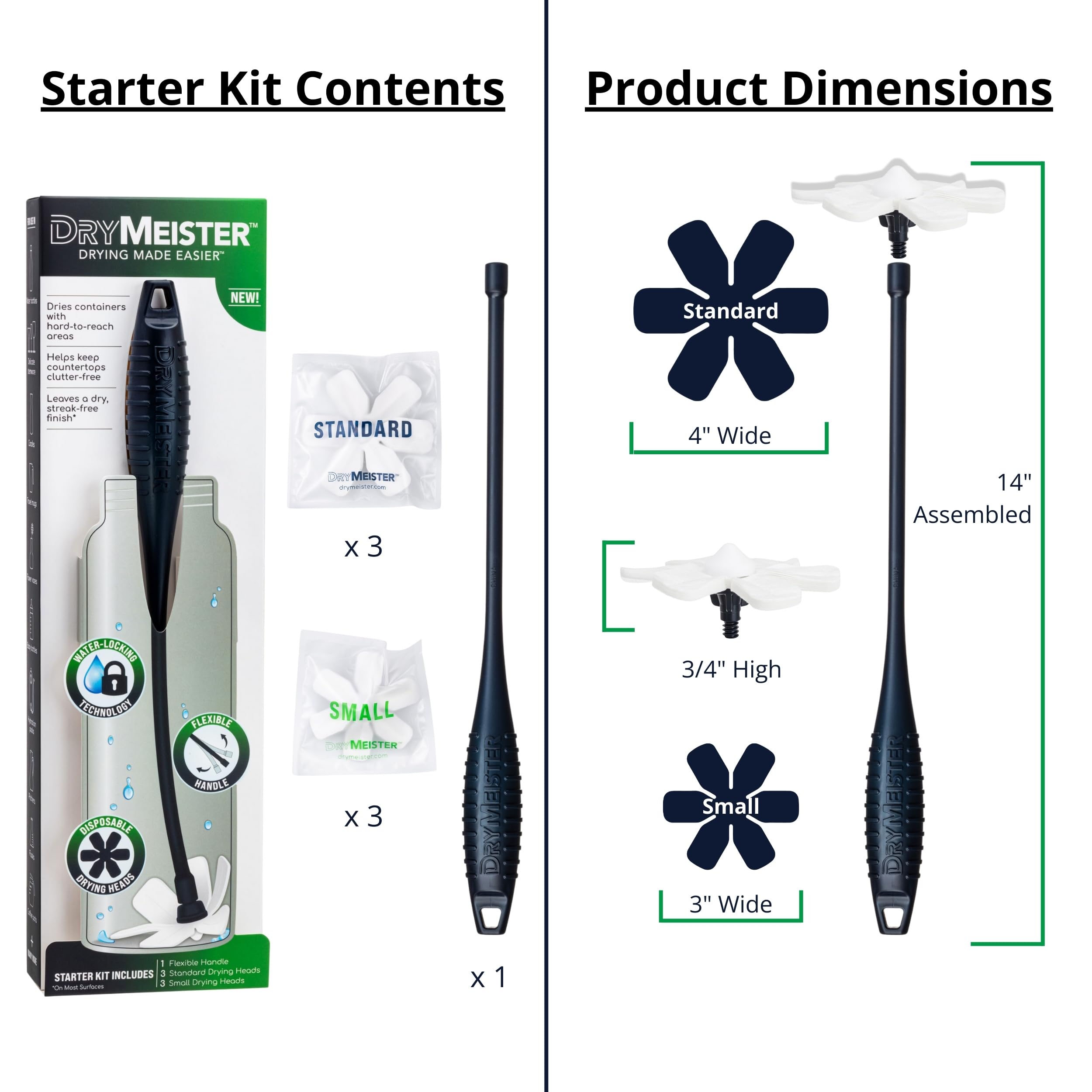 Starter Kit Trockenstab,Flaschenbürste zum Trocknen von Wasserflaschen, Babyflaschen, Blumenvasen, Karaffen, Weingläsern, Reisebecher, Fläschchen, Krügen,inklusive 1 Griff, 6 Trockenköpfe | Ersetzt stundenlanges Trocknen an der Luft