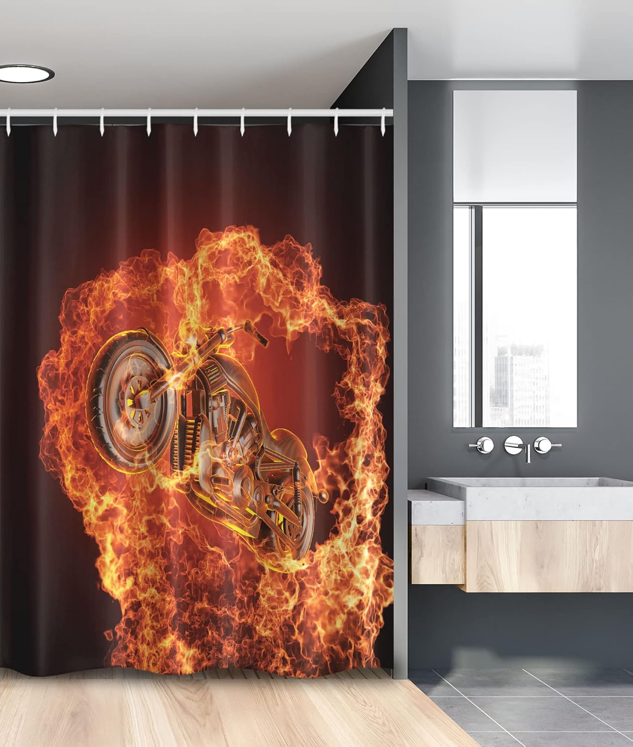 Ambesonne Manly Stall Shower Curtain, Chopper Bike Bursting Through Motorbike Motorcycle Dangerous Sport Art, Fabric Bathroom Decor Set with Hooks, 54" W x 78" L, Dark Orange Marigold