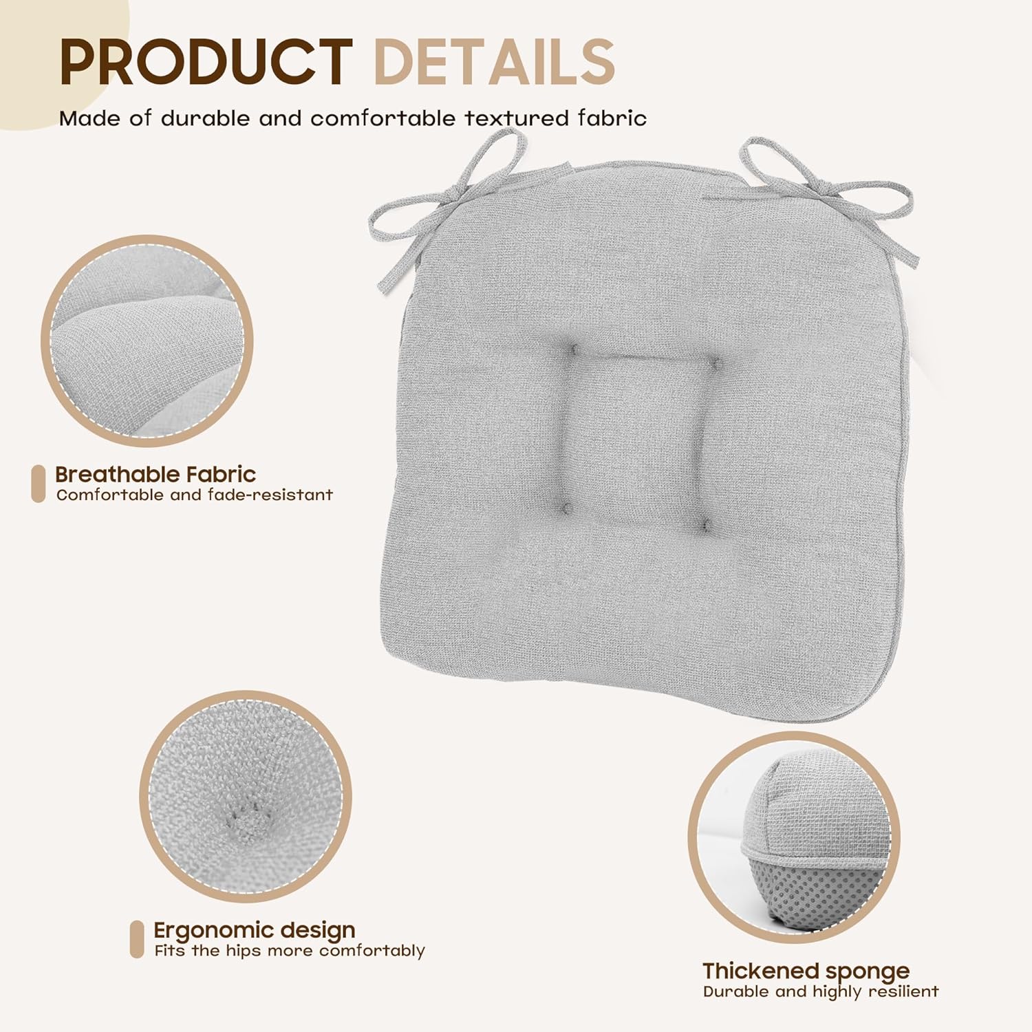 D-Shaped Chair Cushions, 4" Thick Dining Chair Pads Machine-Washable, Seat Cushions for Chair 18" x 18", Set of 4 18-Grey-4