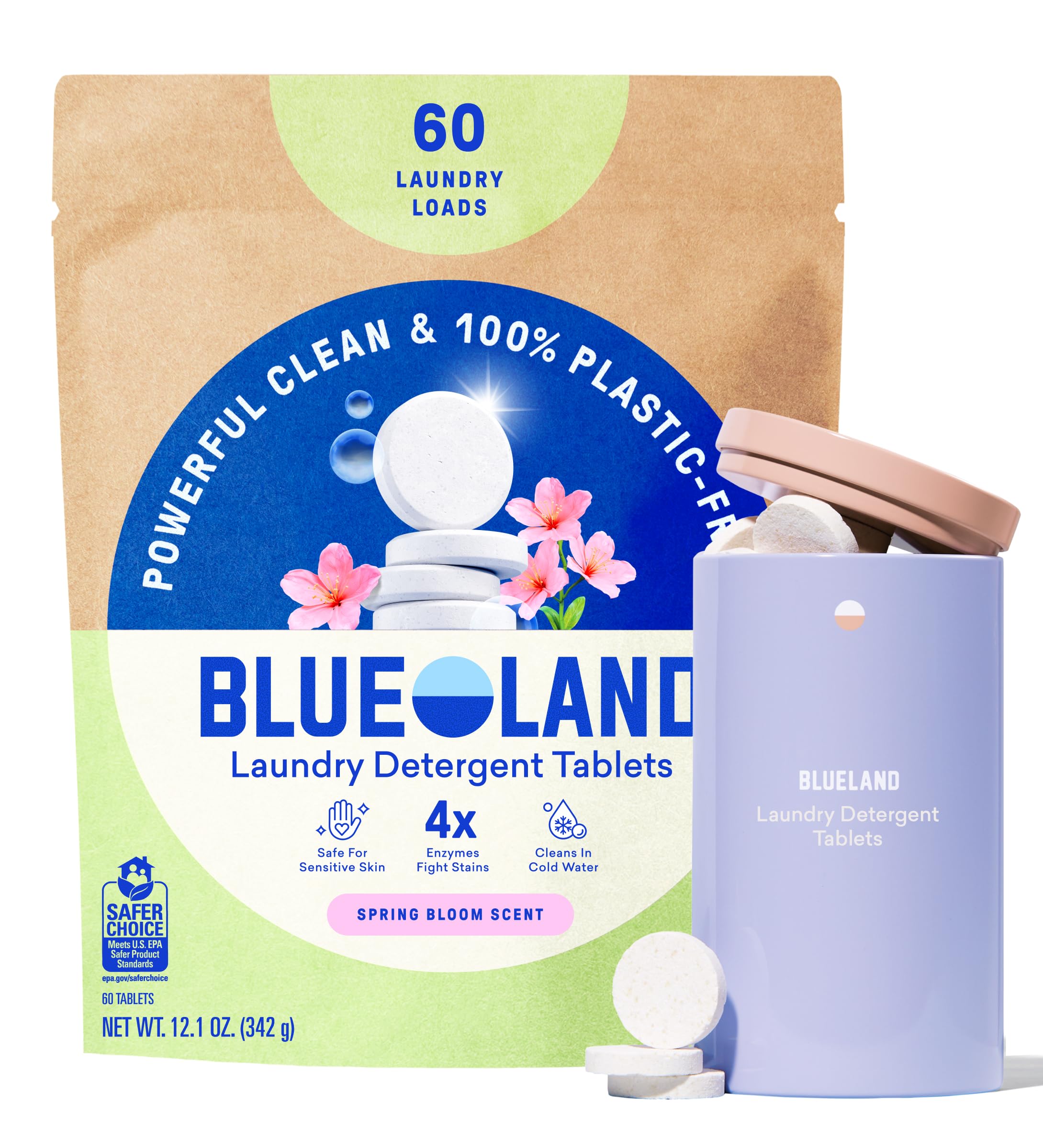 BLUELAND Juego de iniciación de tabletas de detergente para lavandería, aroma a floración primaveral, alternativa sin plástico y respetuosa con el medio ambiente a las hojas de vainas y líquidos,