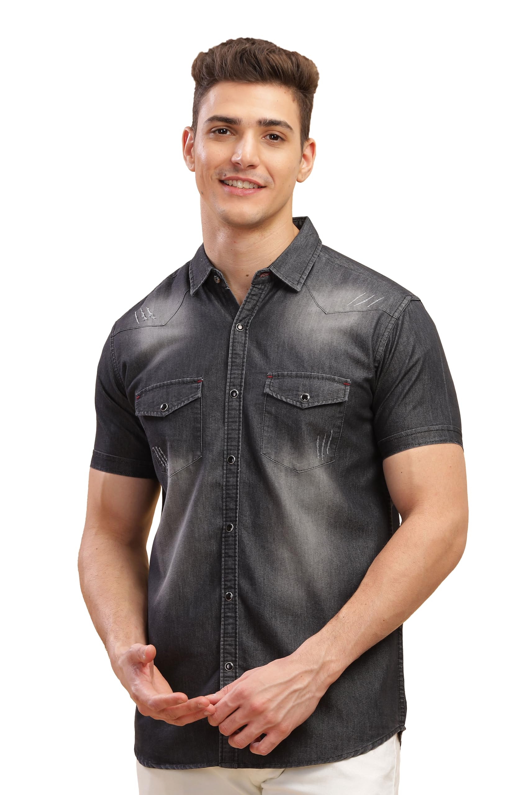 Kuons Avenue Men's Black Double Pocket Half Sleeve Denim Shirt | Western Denim Shirt for Men