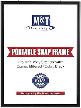 M&T Displays Portable Snap Poster Frame 1.25" Aluminum Profile Front Loading Wall Mounting Photo Picture Document Certificate Sign Holder Mitered Corner Anti Glare Cover Black, 36x48 in