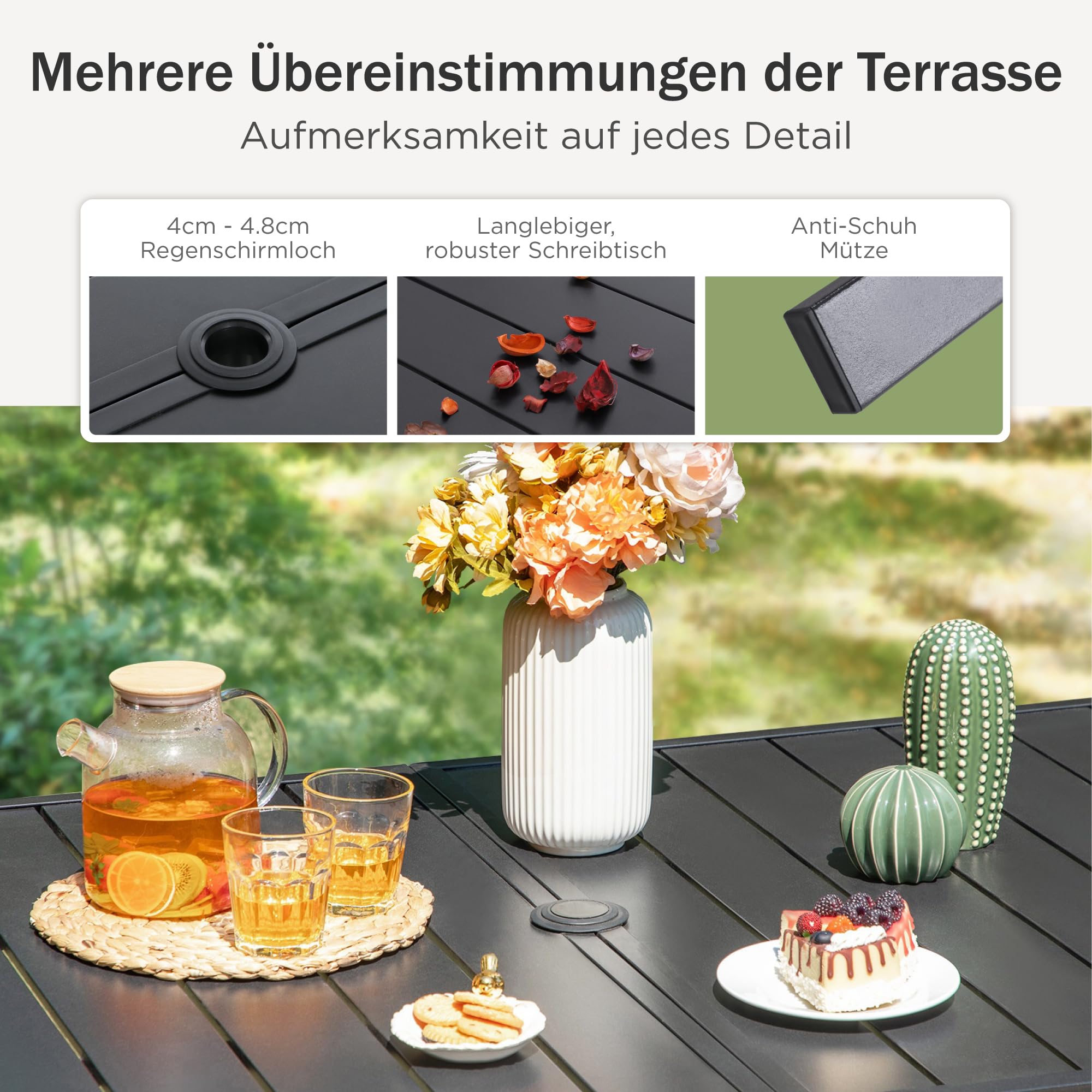 PHI VILLA Gartenmöbel 6 stühle mit Tisch Set Wetterfest Gartengarnitur Set 6 Personen mit Stapelbare Stühle und Rechteckig Esstisch mit 4cm Schirmloch Terrassen Outdoor Bistro Möbel Sets Metall