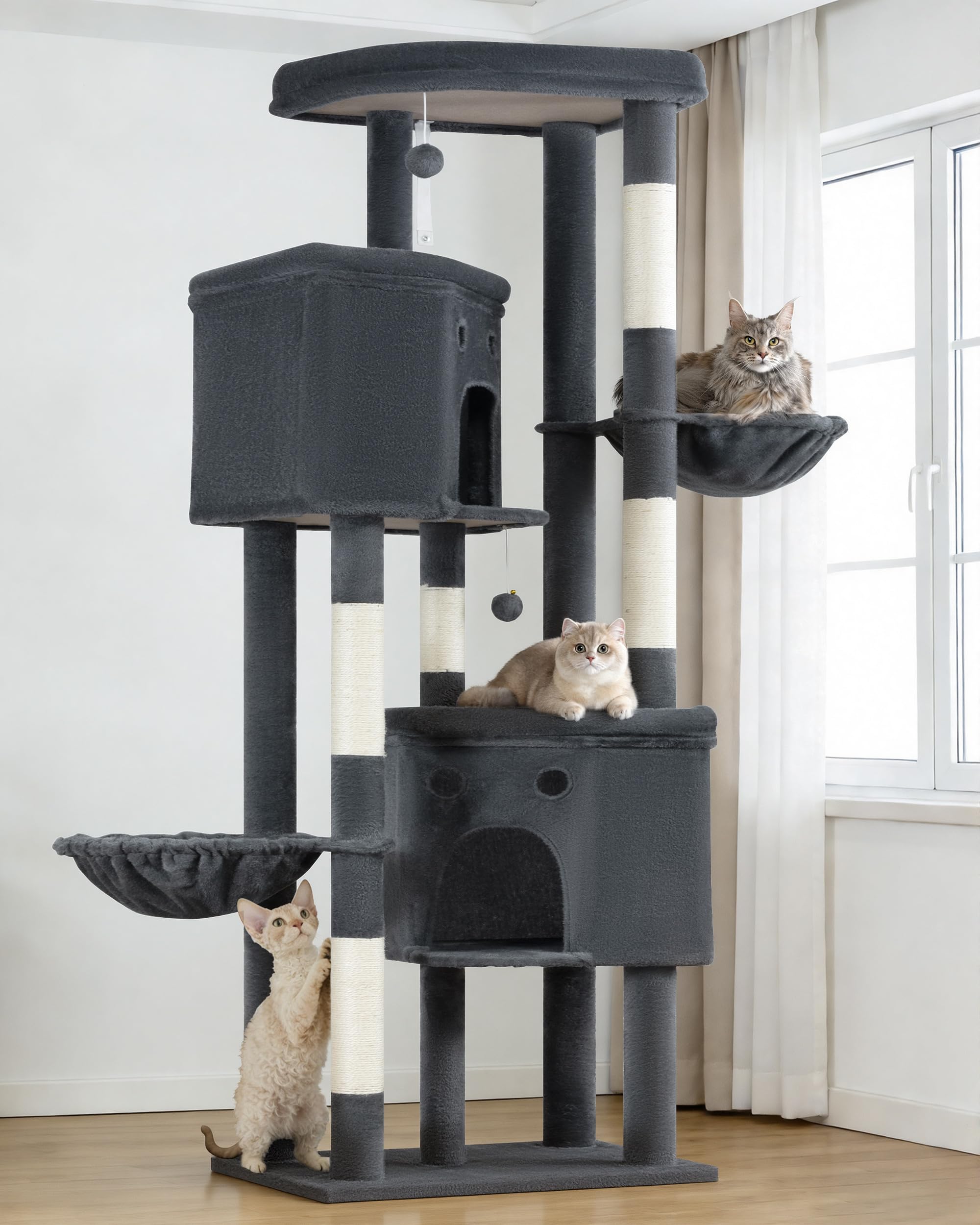 Kratzbaum Groß, Kratzbaum Grosse Katzen Stabil 213 cm hoch - Katzenbaum XXL, Mehrstöckiger Katzenbaum Grau mit 5 Kratzsäulen, 6 Plüschbälle, Plattformen, Höhlen, Hängematte