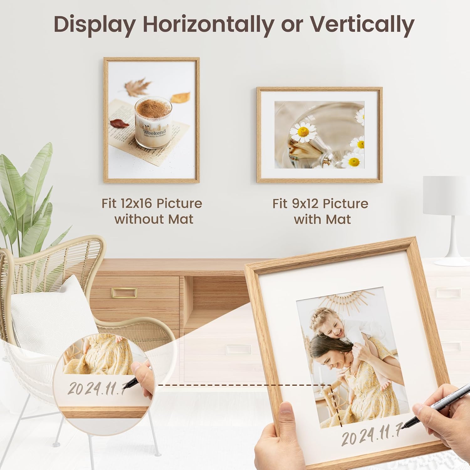 RICHFOCUS 12x16 Picture Frame Matted to 9x12 Photo USA-Sourced Natural Oak Wood 12 by 16 Poster Frame with Tempered Glass - Horizontal or Vertical Wall Mount Gallery Display Art Photo Painting - Image 3