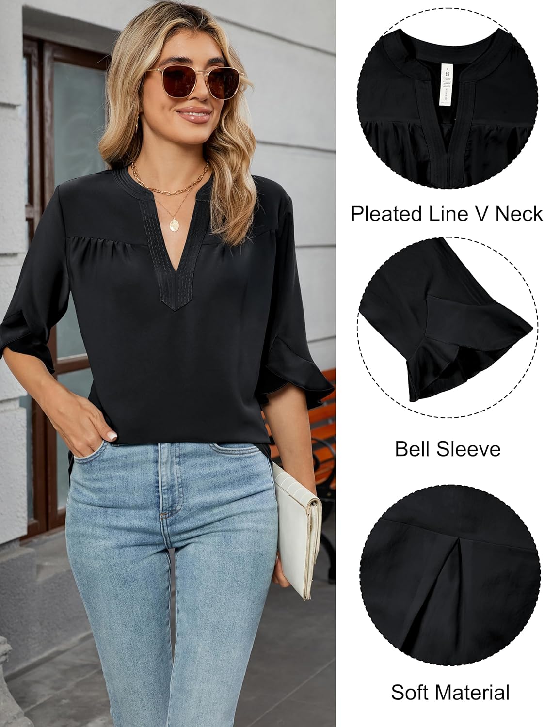 Blooming Jelly Women's Dressy Casual Blouses Business Work Tops Summer Tunic 3/4 Length Sleeve V Neck Shirts Trend Outfits - Image 2