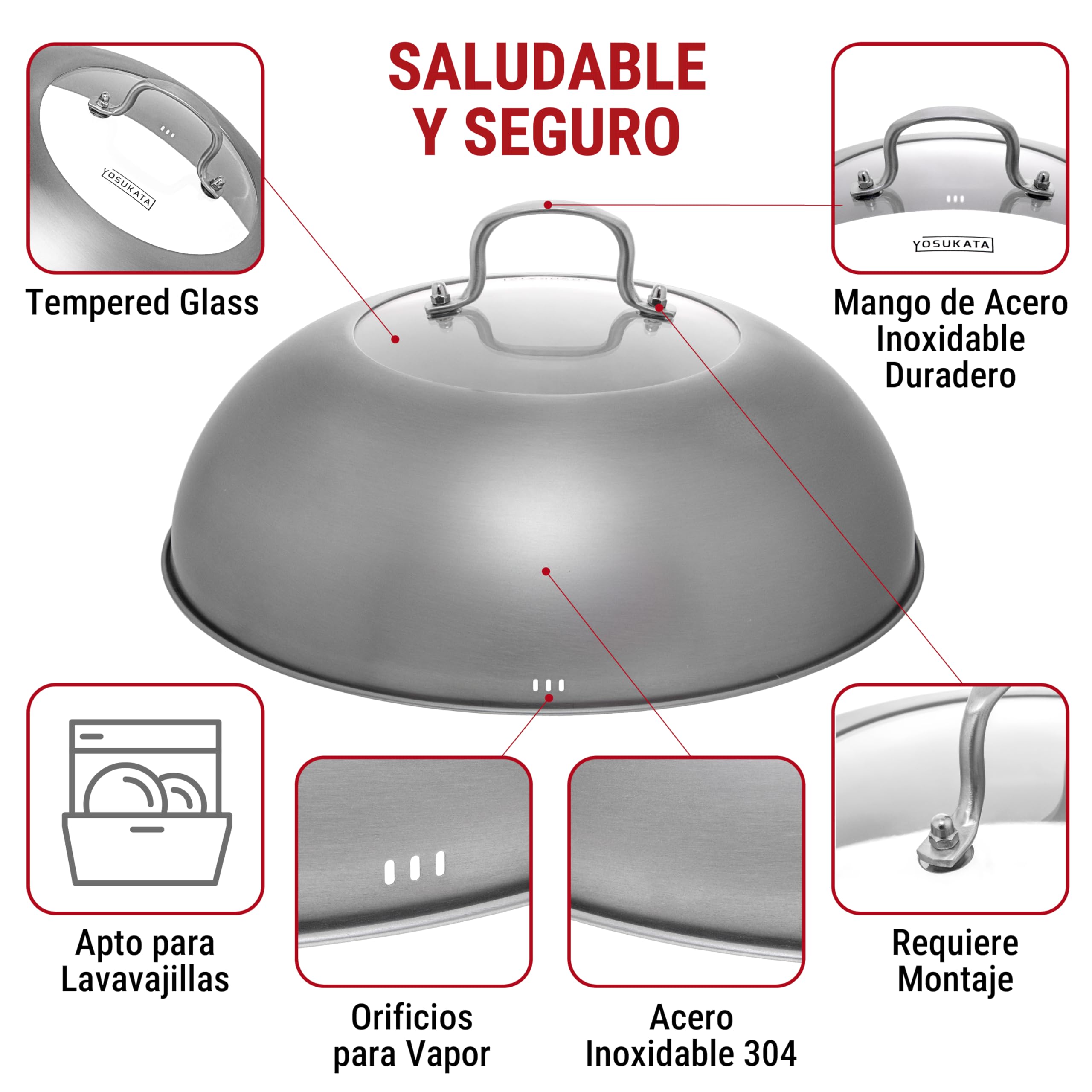 Tapa para Wok de Acero Inoxidable de 32,5 cm para wok 34 cm - Cúpula de Fusión y Tapa para Hamburguesa con queso con inserto de vidrio y rejillas de ventilación para vapor - Vaporera para Hamburguesa