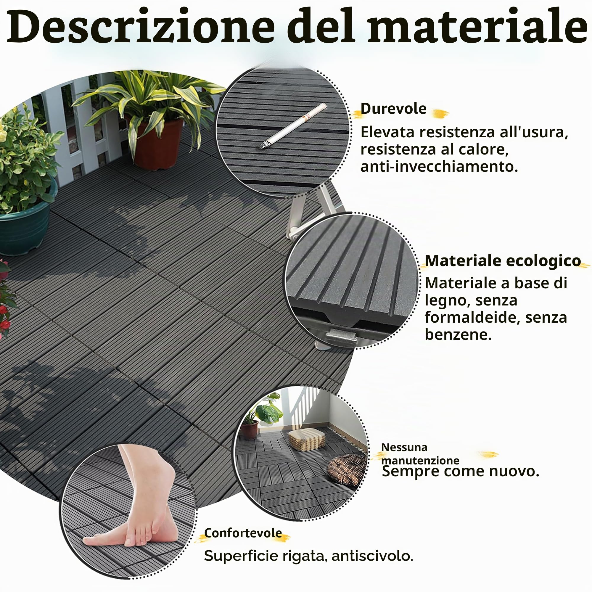 WPC - Piastrelle per terrazze, 60 x 30 cm, effetto legno, con rete di drenaggio in plastica, resistente alle intemperie, set da 6 pezzi, per pavimenti da 1 m², per esterni, balcone, terrazza,