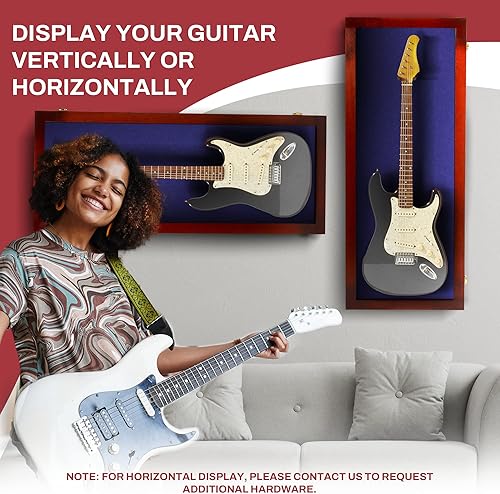 Miniatura 3 de PENNZONI Vitrina para guitarra eléctrica, montaje en pared de madera dura y acrílico, cereza con fieltro azul