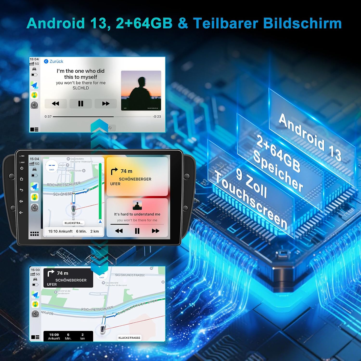 Lehwey Car Radio showing split screen mode with navigation and music player, highlighting Android 14, 2GB+64GB memory, and 9-inch touchscreen