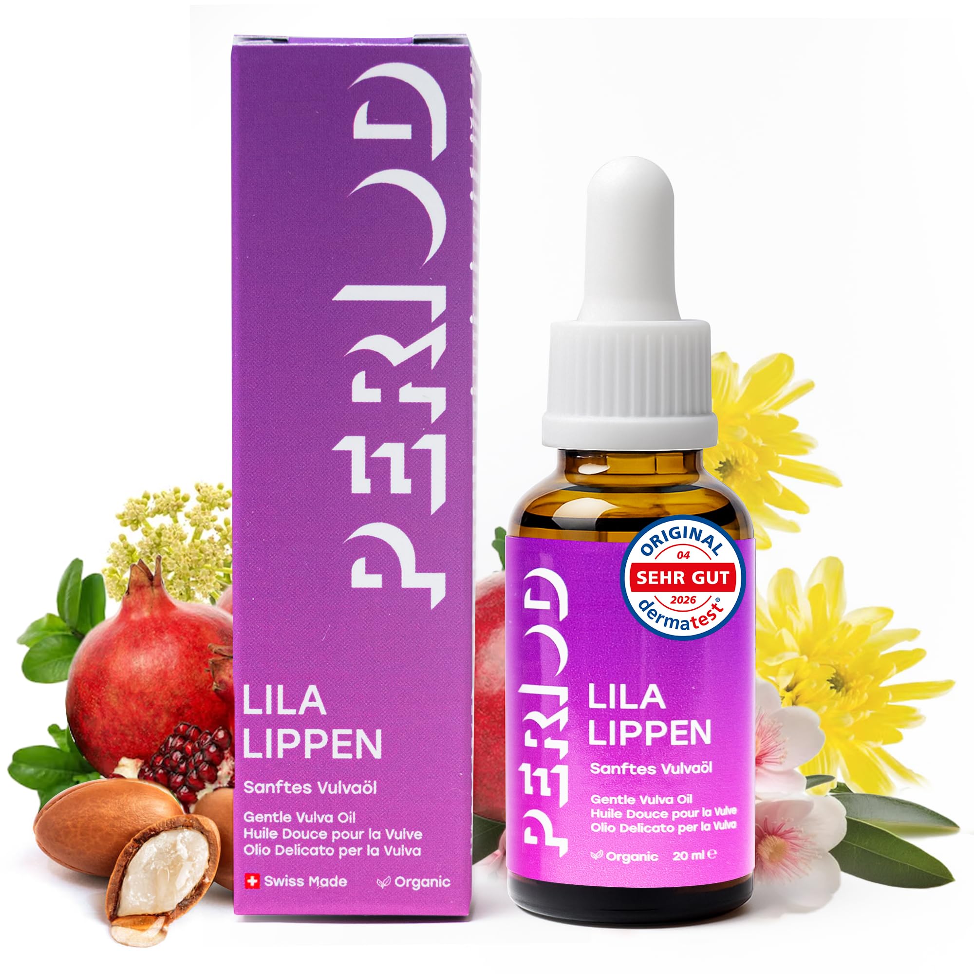 PERIOD Lila Lippen Vulvaöl für Vagina – Sanfte tägliche Feuchtigkeitspflege und beruhigende Linderung bei Trockenheit, Reizungen und pH-Balance – Intimpflege auf Pflanzenbasis mit 11 Bio-Ölen (20 ml)
