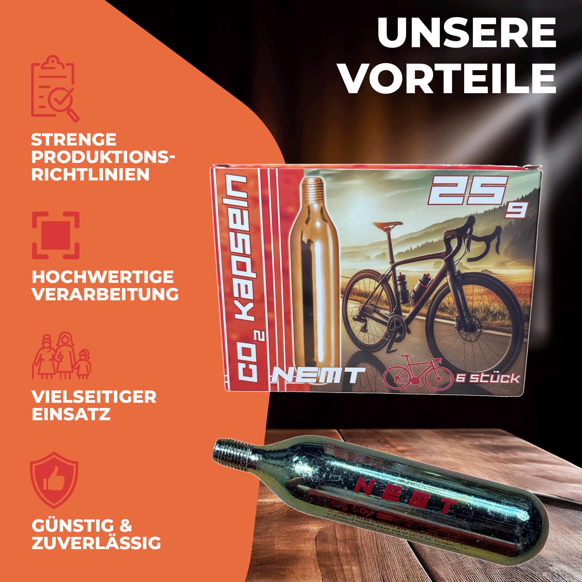 NEMT 25g CO2 Kartuschen MIT Gewinde für Rennrad & MTB – 6 Stück Sport & Freizeit