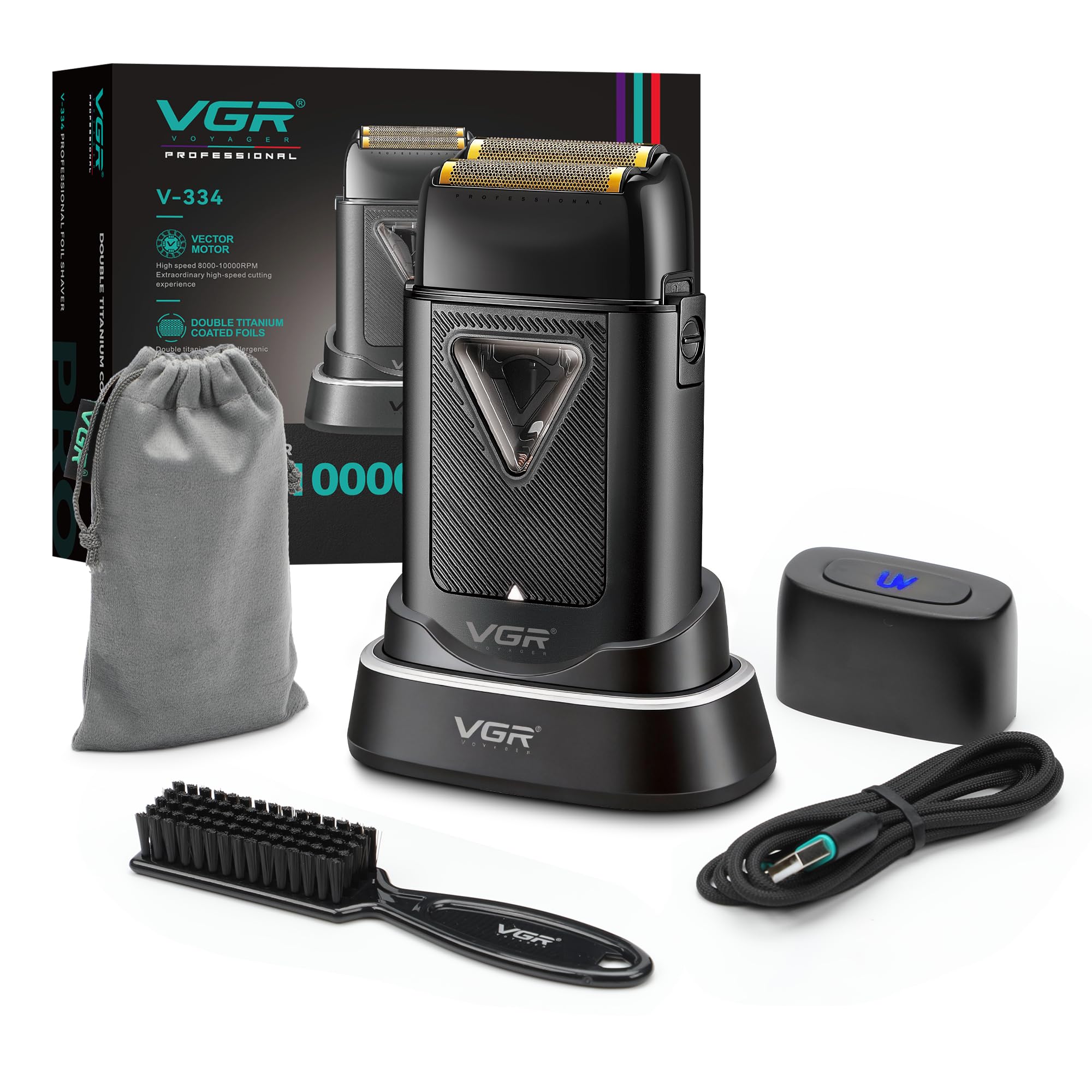 VGR Rasoio elettrico professionale da uomo, con motore vettoriale da 8000 giri/min, rasatura ravvicinata, doppia lamina galleggiante, senza fili, ricaricabile tramite USB-C, con cappuccio UV, per viso