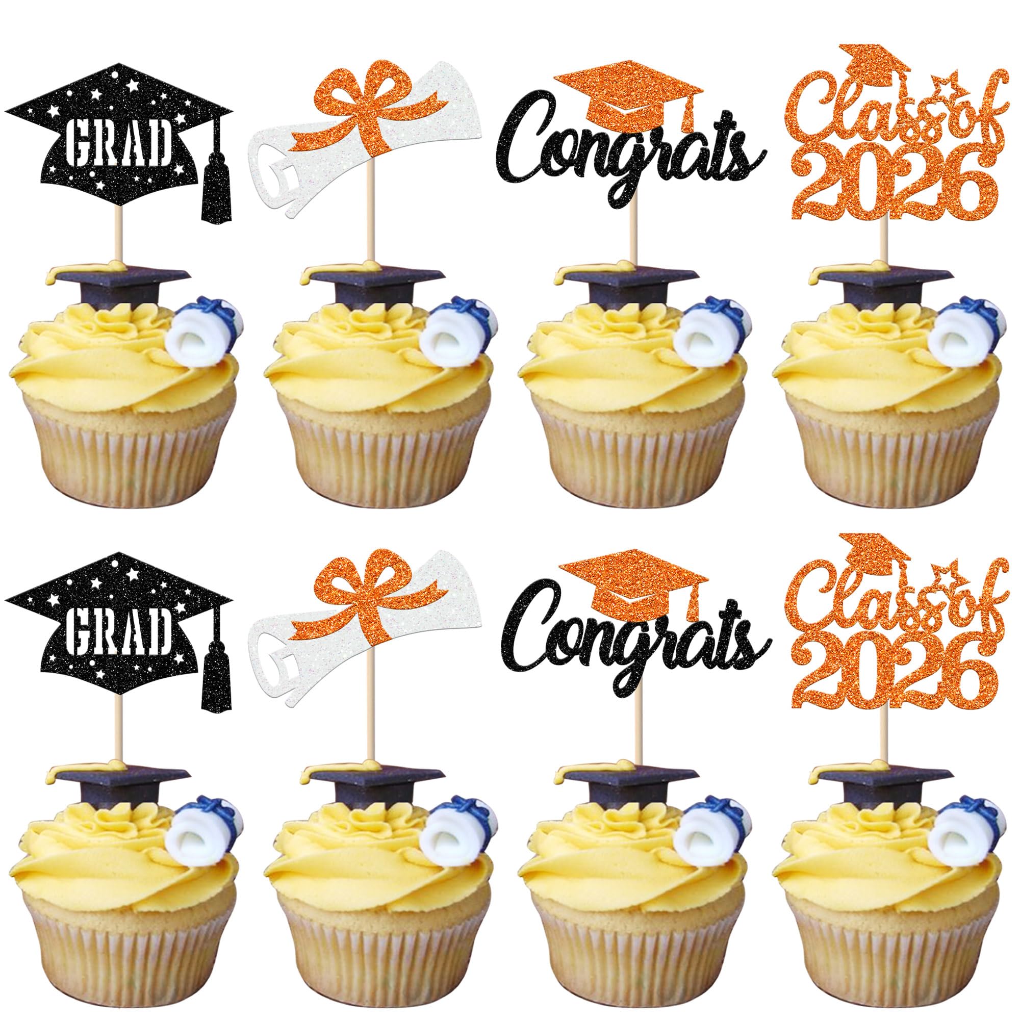 SYKYCTCY 24 Pack 2026 Graduation Theme Cupcake Toppers Glitter Class of 2026 Diploma Congrats Grad Cap Cupcake Picks for 2026 Graduation Theme Party Cake Decorations Supplies Black Orange โ image 1