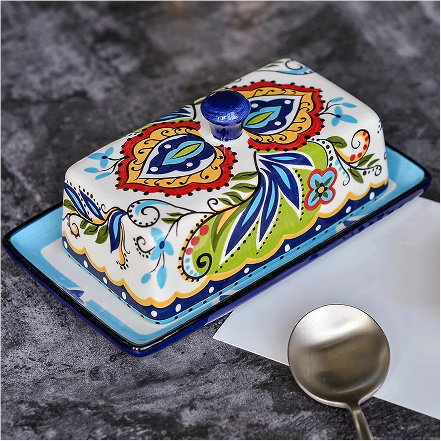 butter dish Porcelain Butter Dish with Lid Handle Cover Design Ceramic Covered Butter Holder,Butter Dish for Countertop, Modern Bohemian Butter Plate
