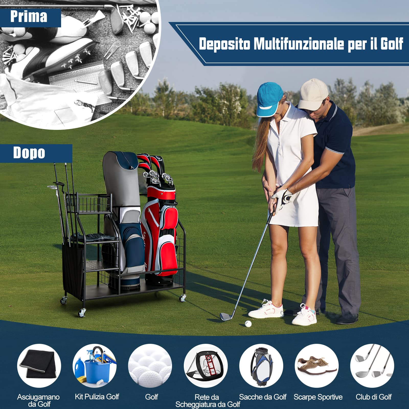 COSTWAY Organizer per Sacca da Golf per Garage, Carrello per 2 Borse da Golf con Ruote Bloccabili, Ganci e Tasche Porta Mazze da Golf, Organizer per Accessori da Golf e Attrezzature Sportive