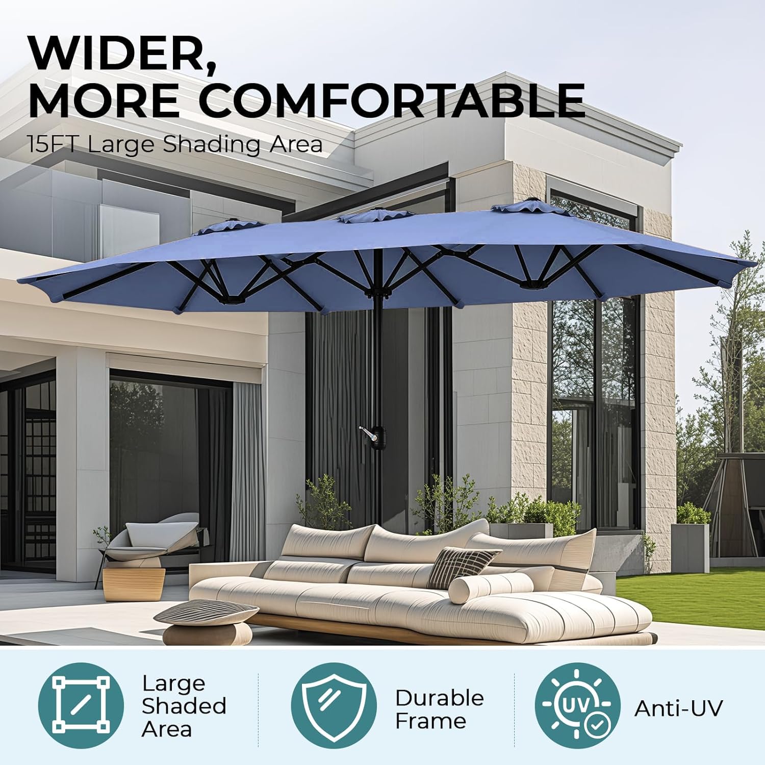 Bigroof 15ft Double-Sided Patio Umbrella Twin Extra Large Umbrella with Crank Handle & Umbrella Base for Outdoor Patio Garden Market Pool Backyard, Beige