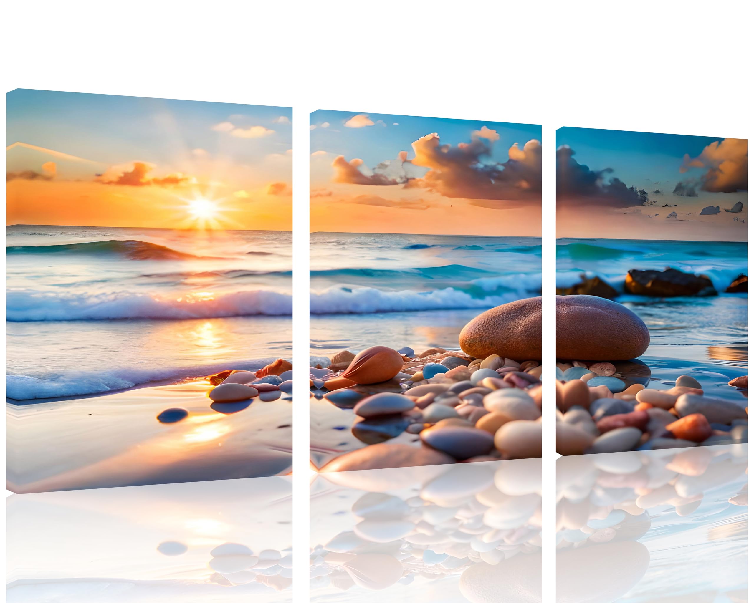 TutuBeer 3 Panels Sea Pictures for Wall Pictures of the Beach Blue Sea Sunset White Beach with Stone Print on Canvas Ocean Picture Wall Decor for Home