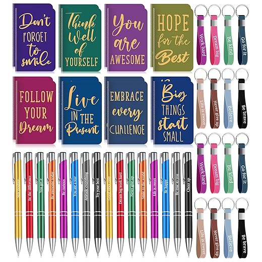 PerKoop 48 Pcs Inspirational Gifts Set Inspirational Quote Notepads 3 x 5 Inch Motivational Ballpoint Pens Keychains Bulk Colorful Journal Notebooks for School Office Party Favor Supplies