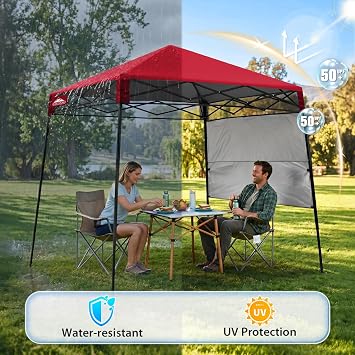EAGLE PEAK 2,4x2,4 m Pop Up Canopy Tent with Sidewall, Compact, Portable Slant Leg Instant Sun Shelter for Beach, Sports, Camping, 2,4x2,4 m Base 1,8x1,8 m Top, Red