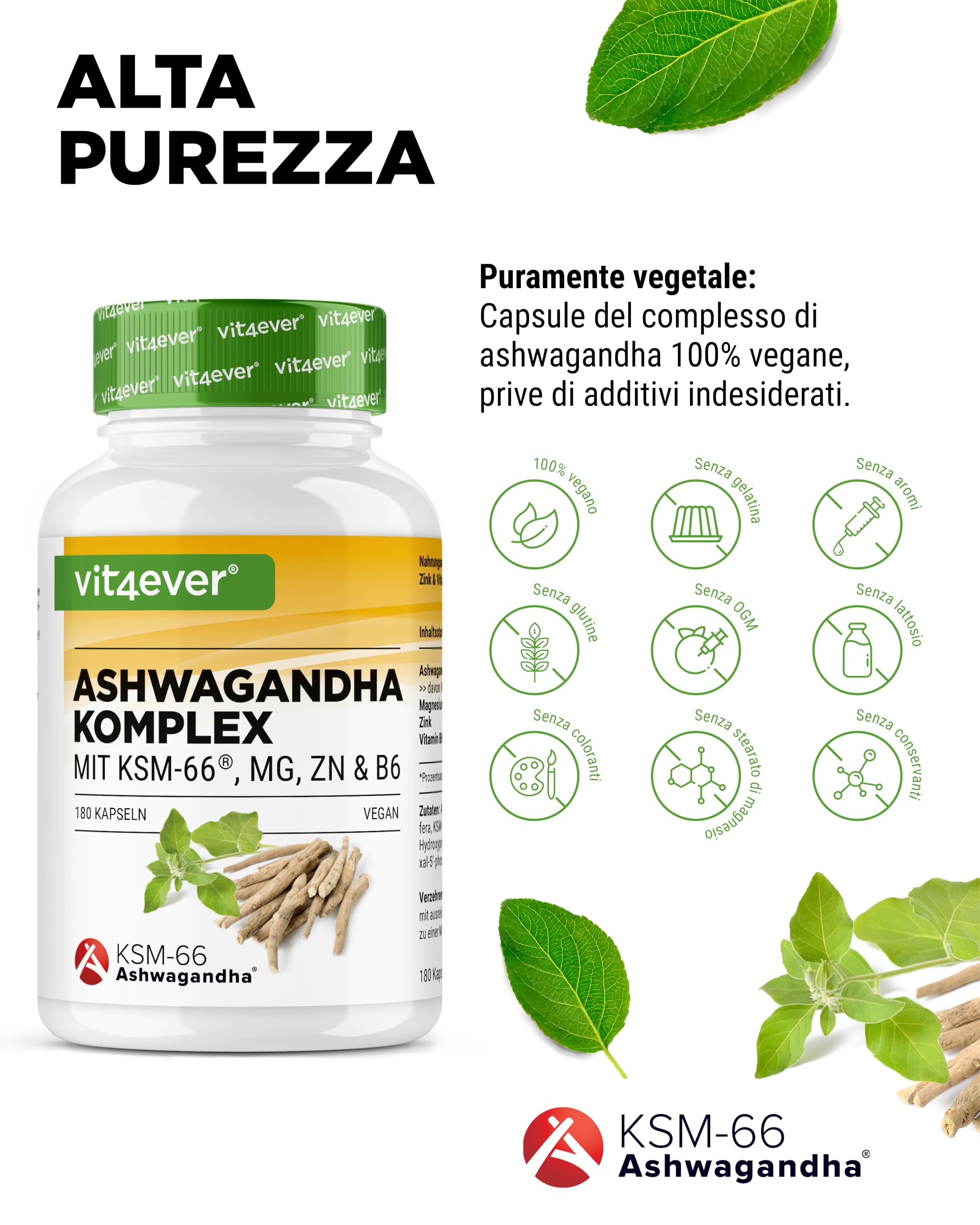Complesso di Ashwagandha KSM-66® - 180 capsule - 600 mg di ashwagandha al giorno - Con magnesio, zinco e vitamina B6 - Senza additivi - Altamente dosato - Vegan