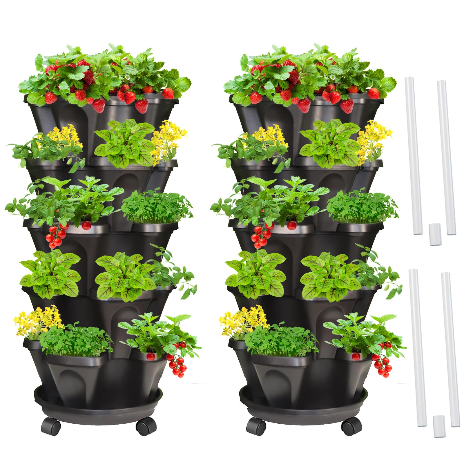 Strawberry Vertical Planters 2 Pack, 5 Tiered Stacking Tower Garden with Support Pole, Stackable Herb Vegetable Planters Indoor Outdoor Black