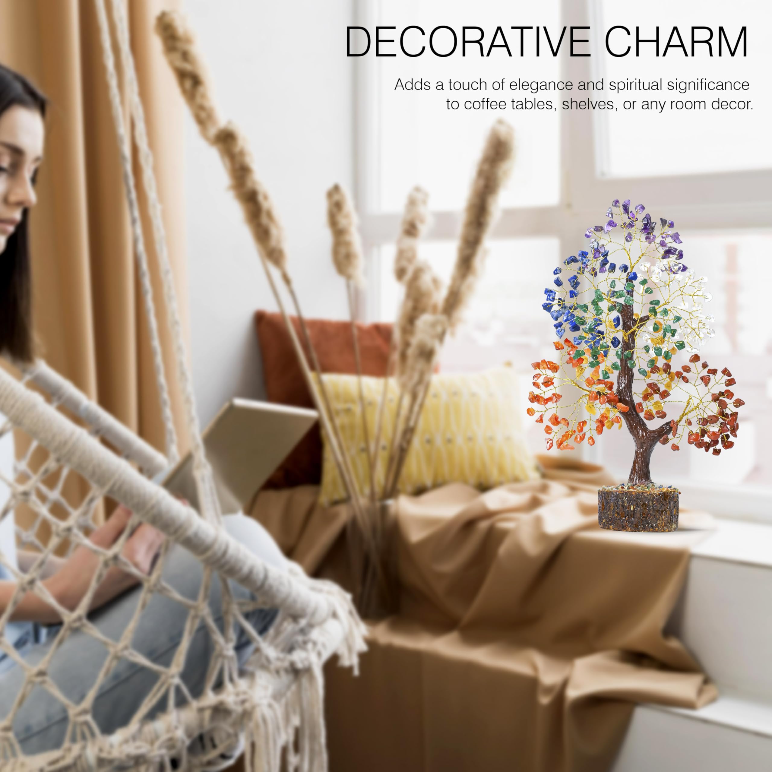 Crocon Albero della vita in cristallo curativo con tronco naturale, 7 chakra, pietra preziosa per buona fortuna, energia positiva, guarigione Reiki e decorazione per ufficio, donne,