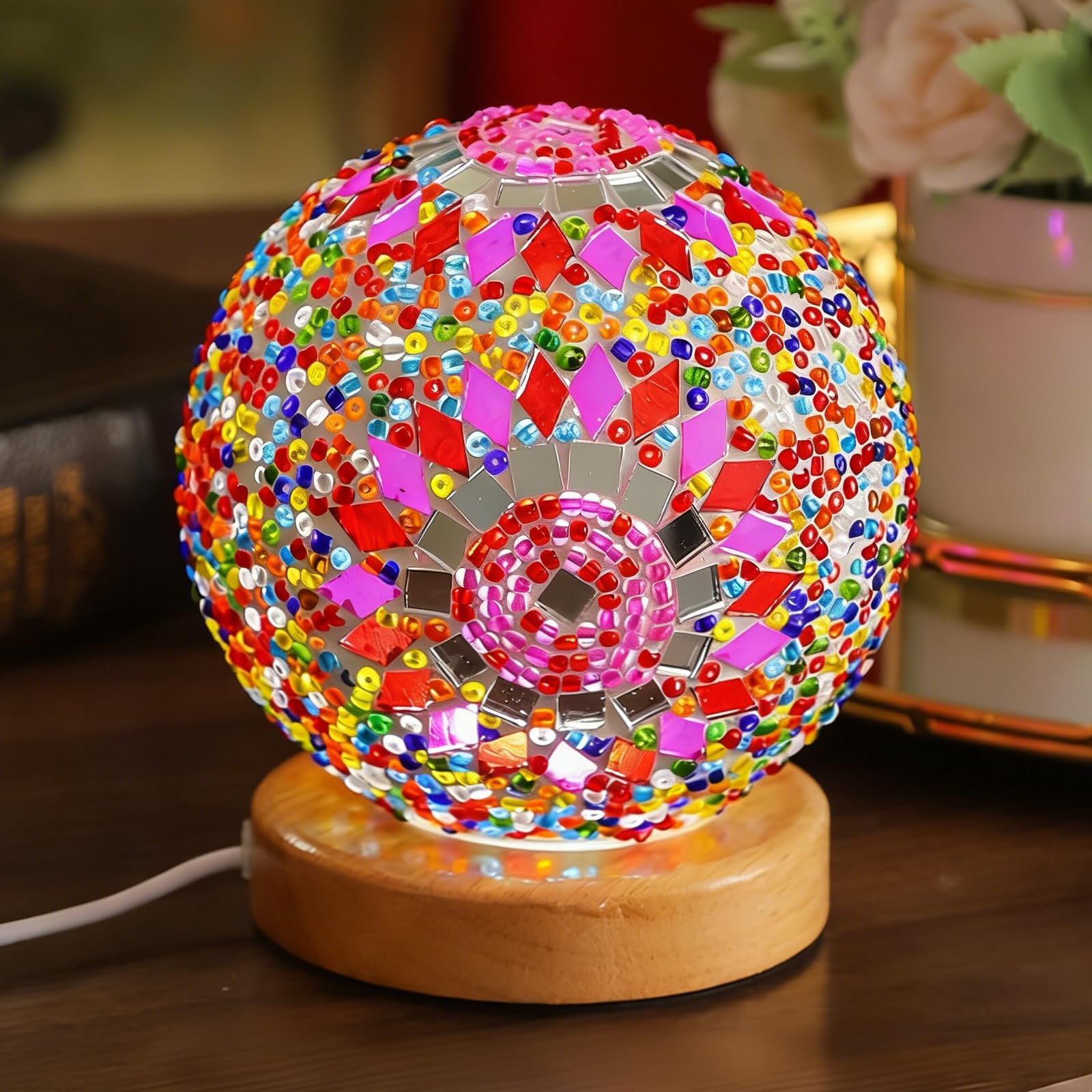 wpdash Turkish Moroccan Light Vintage Stained Glass Globe Lamp 5V USB Power Dimmable Bohemian Lights for Kids Room Small Mosaic Night Light Romantic Date Unique Gift (Boho-Pink, Boho) 4.72"*5.31" — image 1