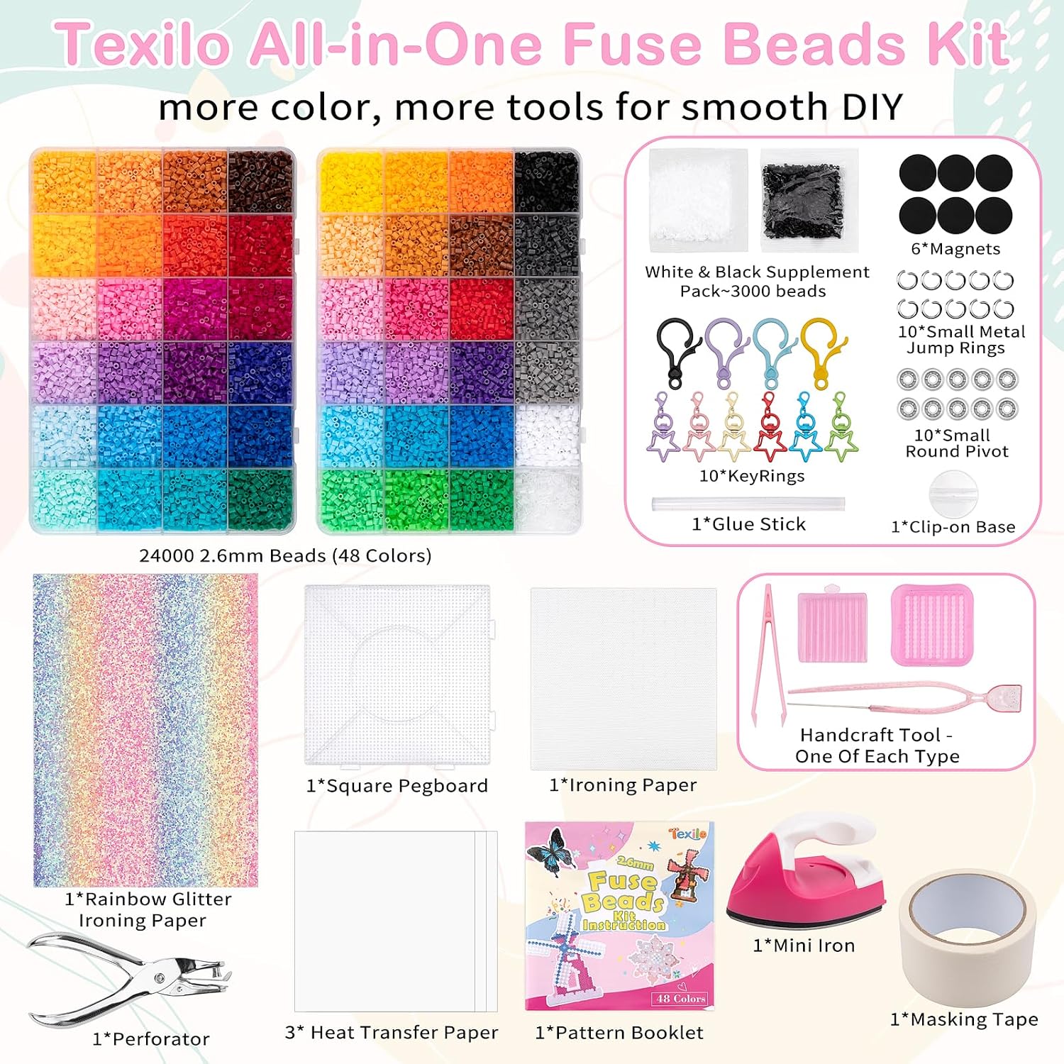 2.6mm Fuse Beads Kit, 48 Colors 24,000pcs Mini Beads for Adult, with Rotating Pivot, Iron, Pegboards, Ironing Paper, Keychain & Accessories, DIY Craft Supplie, Home Decoration and Creative Gift