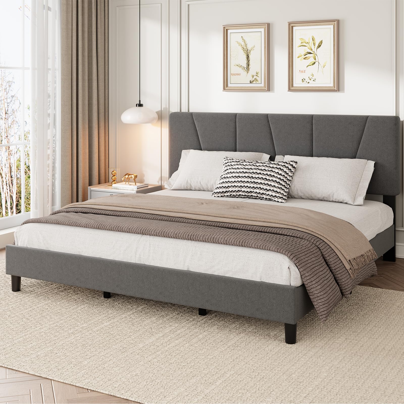 IDEALHOUSE King Size Bed Frame with Adjustable Headboard Linen Upholstered King Platform Bedframe with Strong Wooden Slats Mattress