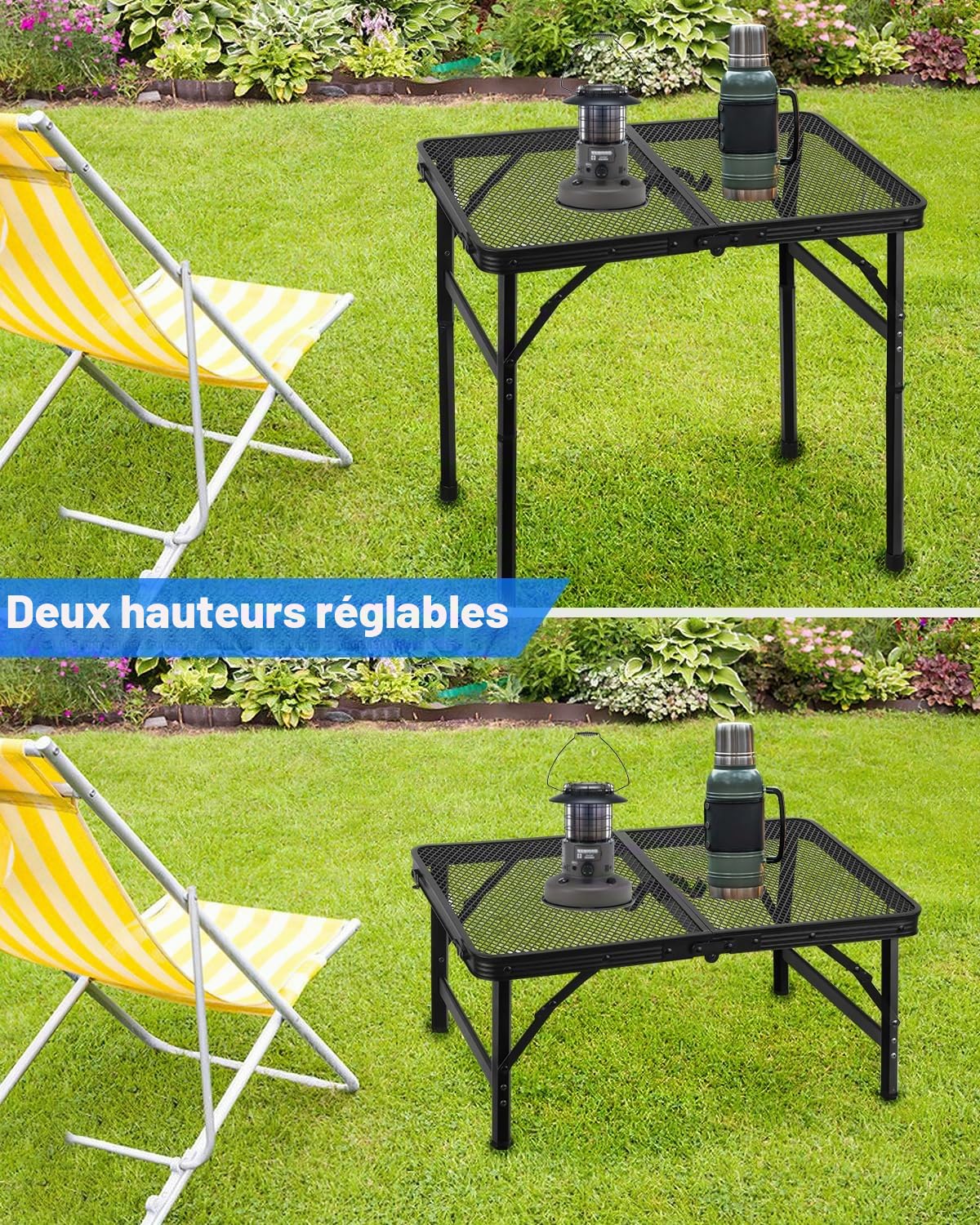 MSDADA Table de gril pliante, réglable en hauteur, bureau et sac en maille, portable pour camping, pique-nique, terrasse, salle à manger, barbecue, fête, noir, 60 x 40 cm