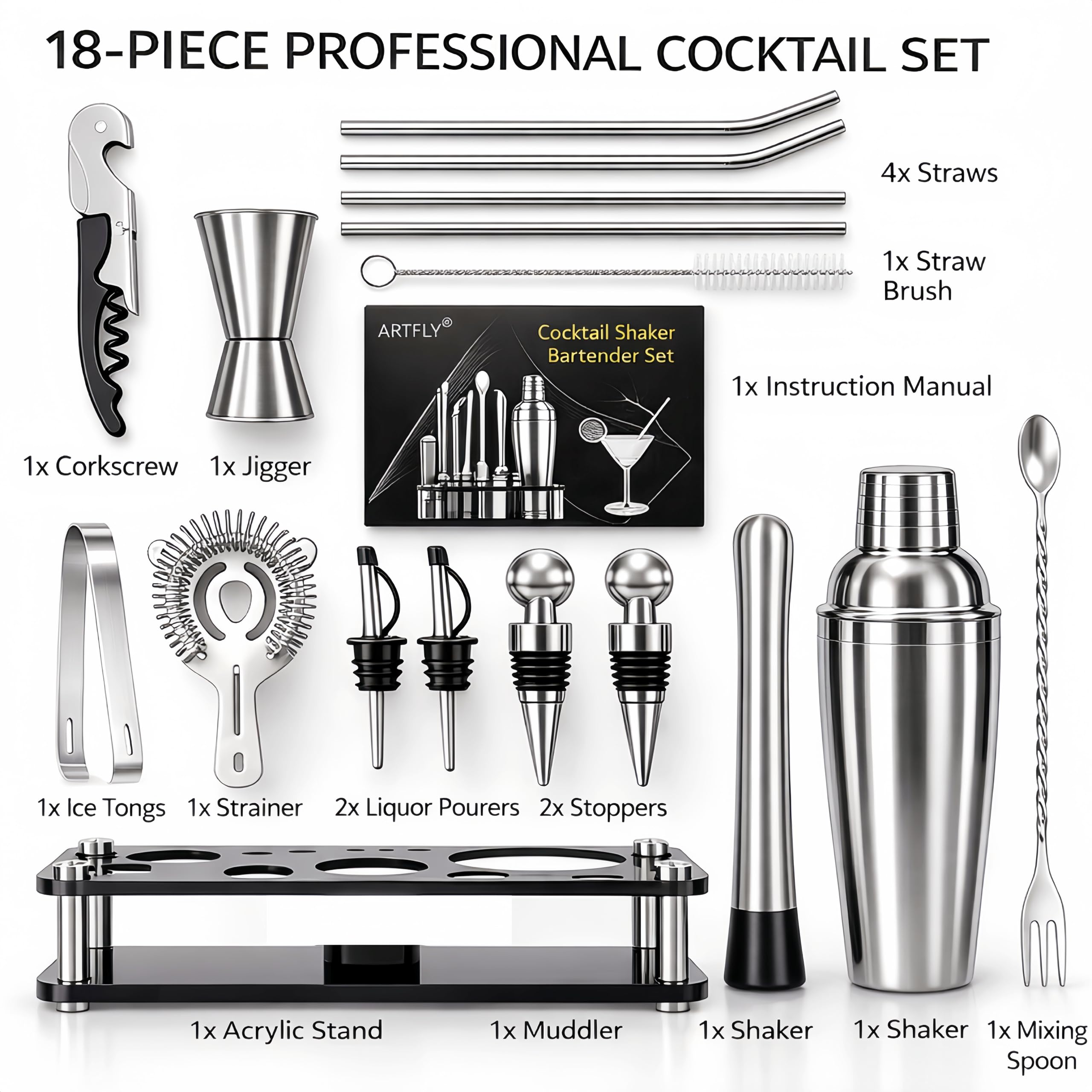 ARTFLY 18-Piece Professional Cocktail Shaker Set and Bartender Kit