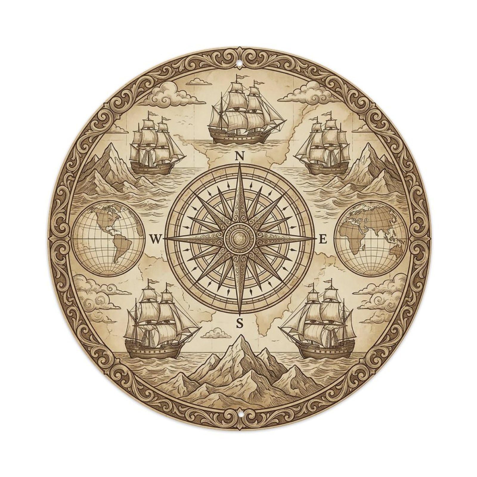 Vintage Nautical Compass World Map Observation Path Metal Tin Sign