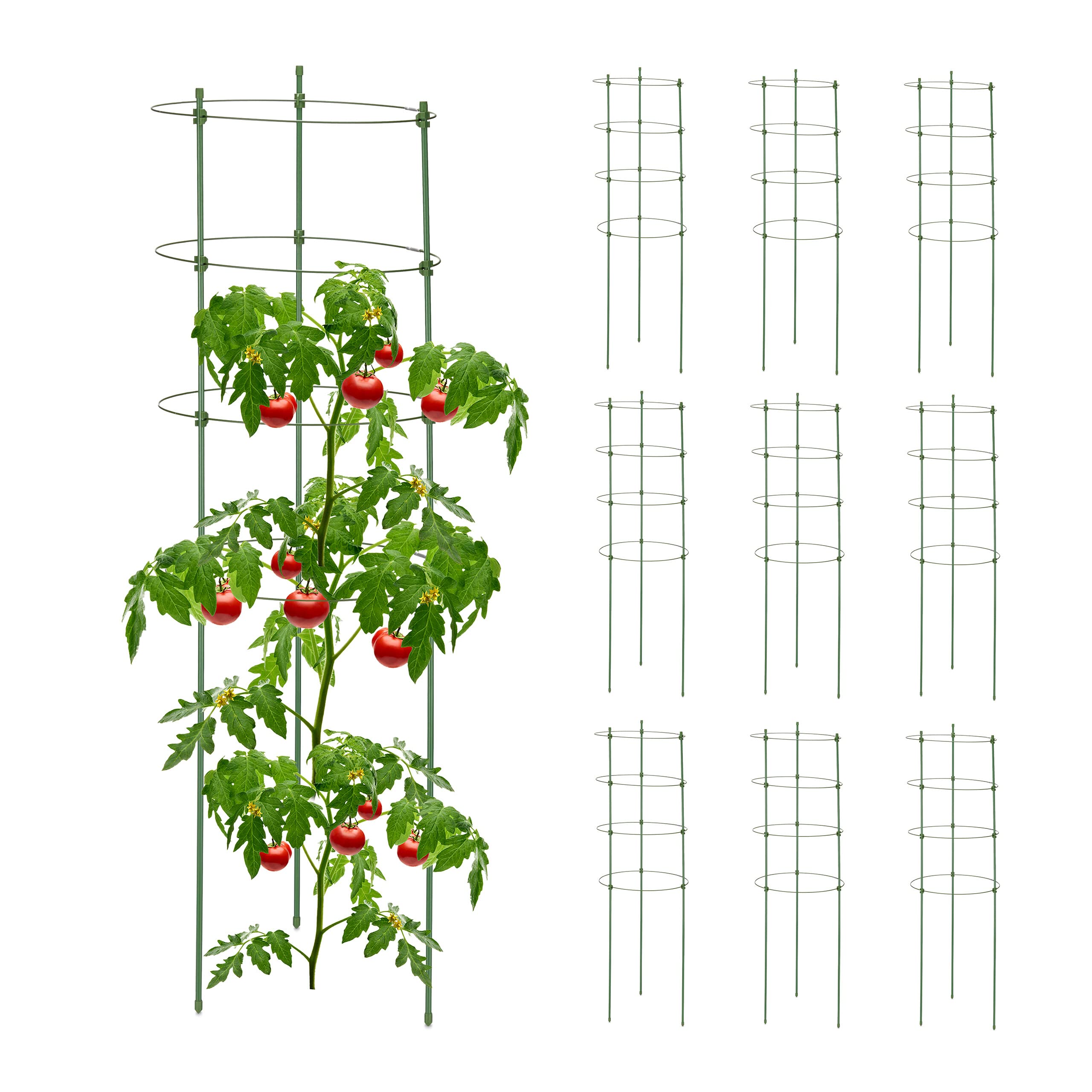 Relaxdays Pack 10 Tutores Plantas, 90 cm Alto, Soporte Enredaderas 4 Anillos, Guía Trepadoras, Metal y Plástico, Verde