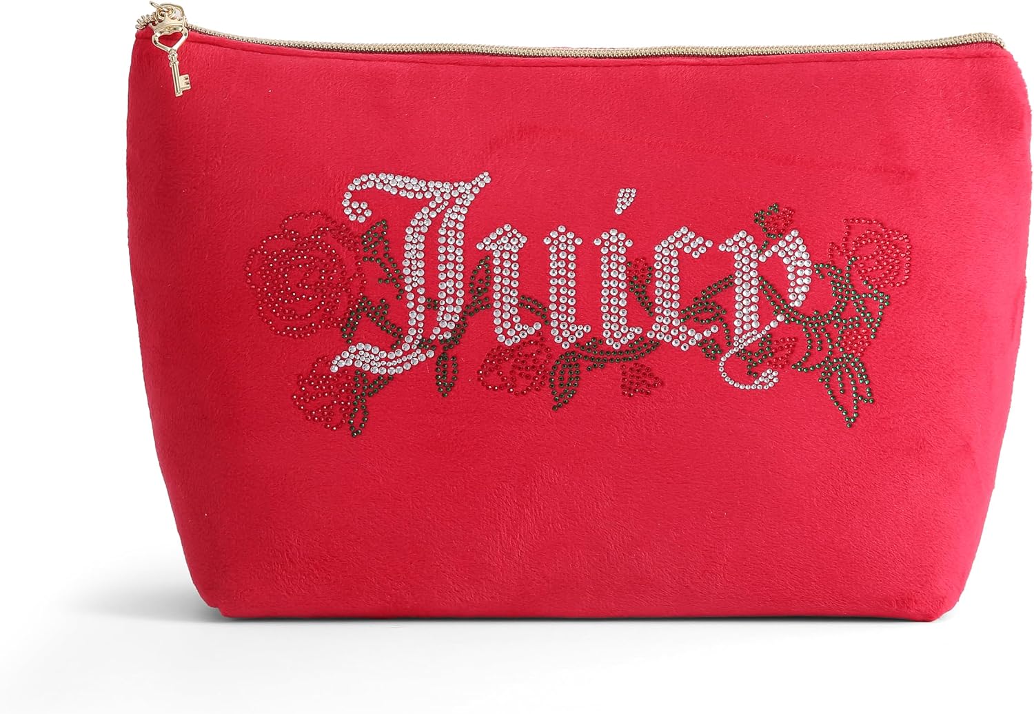 Juicy Couture Red Makeup Bag Cosmetics Organizer Travel Essentials Top Zip Pouch Velour Rhinestone Roses