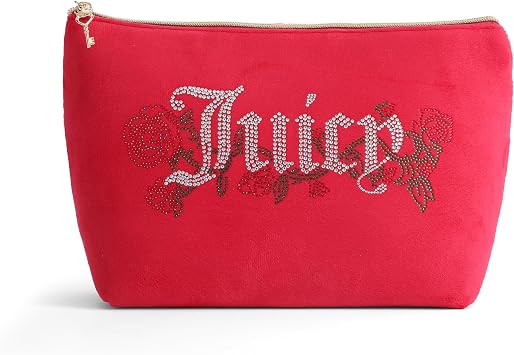 Juicy Couture Red Makeup Bag Cosmetics Organizer Travel Essentials Top Zip Pouch Velour Rhinestone Roses
