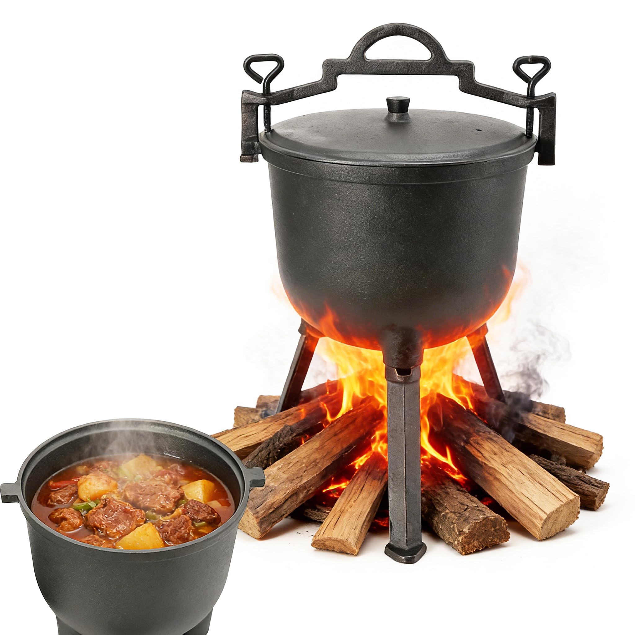 Caldero de Hierro Fundido 10L, Hervidor de Caza con 3 Patas y Tapa, Olla para Fogata, Camping y Barbacoa, Horno Holandés para Jardín, Marmita de Hierro Natural para Exterior