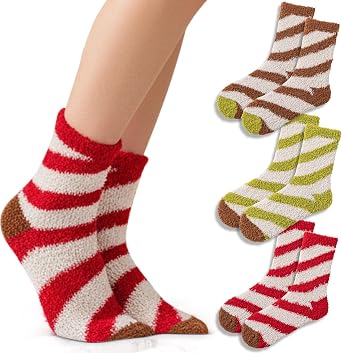 3PAIRS Fuzzy Crew Socks For Women Warm Winter White Novelty Socks Unisex MultiColor