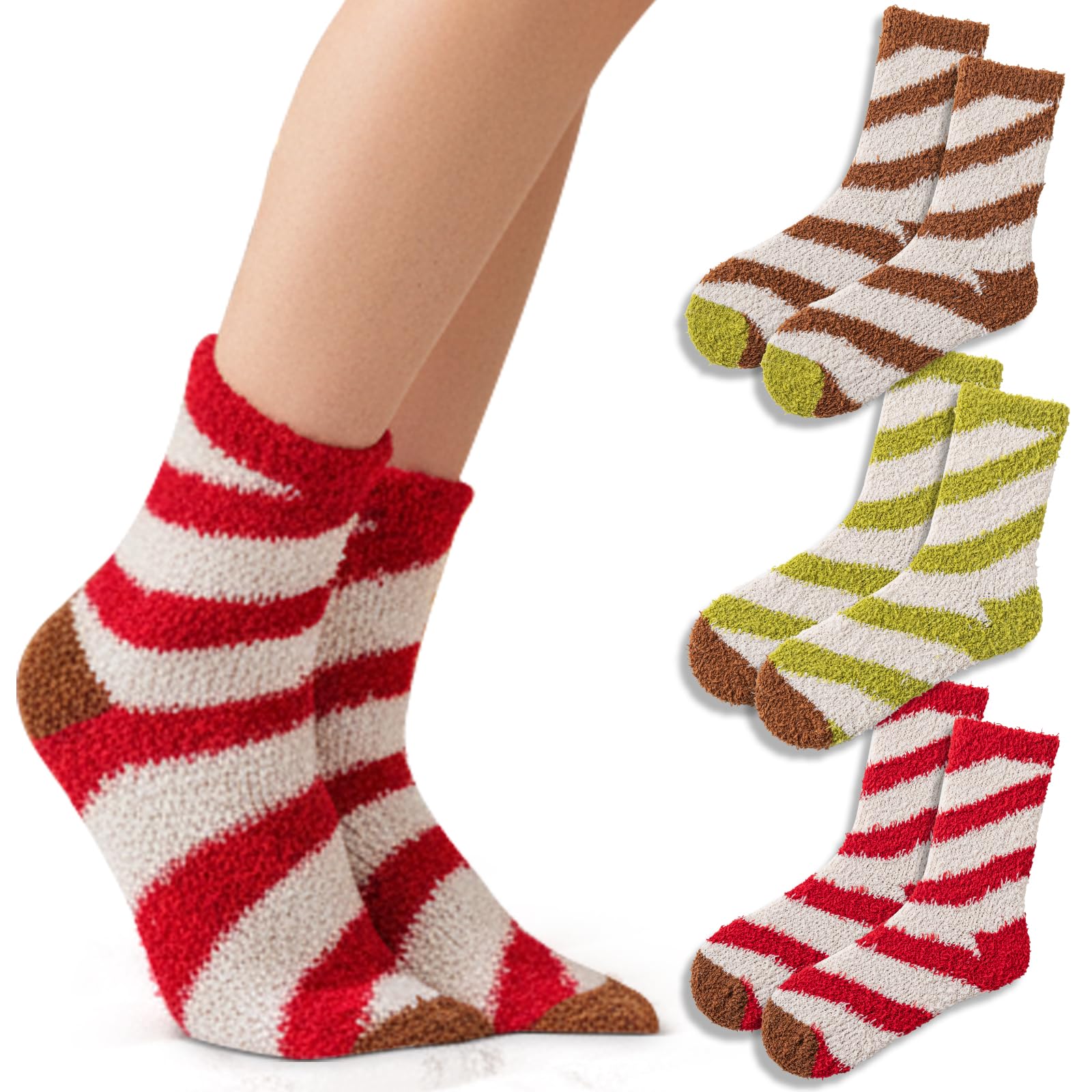 3PAIRS Fuzzy Crew Socks For Women Warm Winter White Novelty Socks Unisex MultiColor, Santa Wave-3pairs, One size