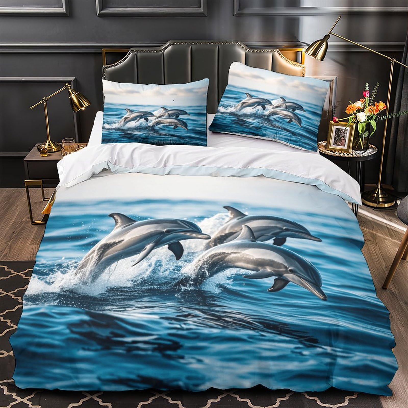 Hipoalergénico Delfines Juego De Ropa De Cama King（220x240cm）, Transpirable Azul Ocean Juego Sábanas De Cama, Microfibra Funda De Edredón Ultra Suave Y Ligero