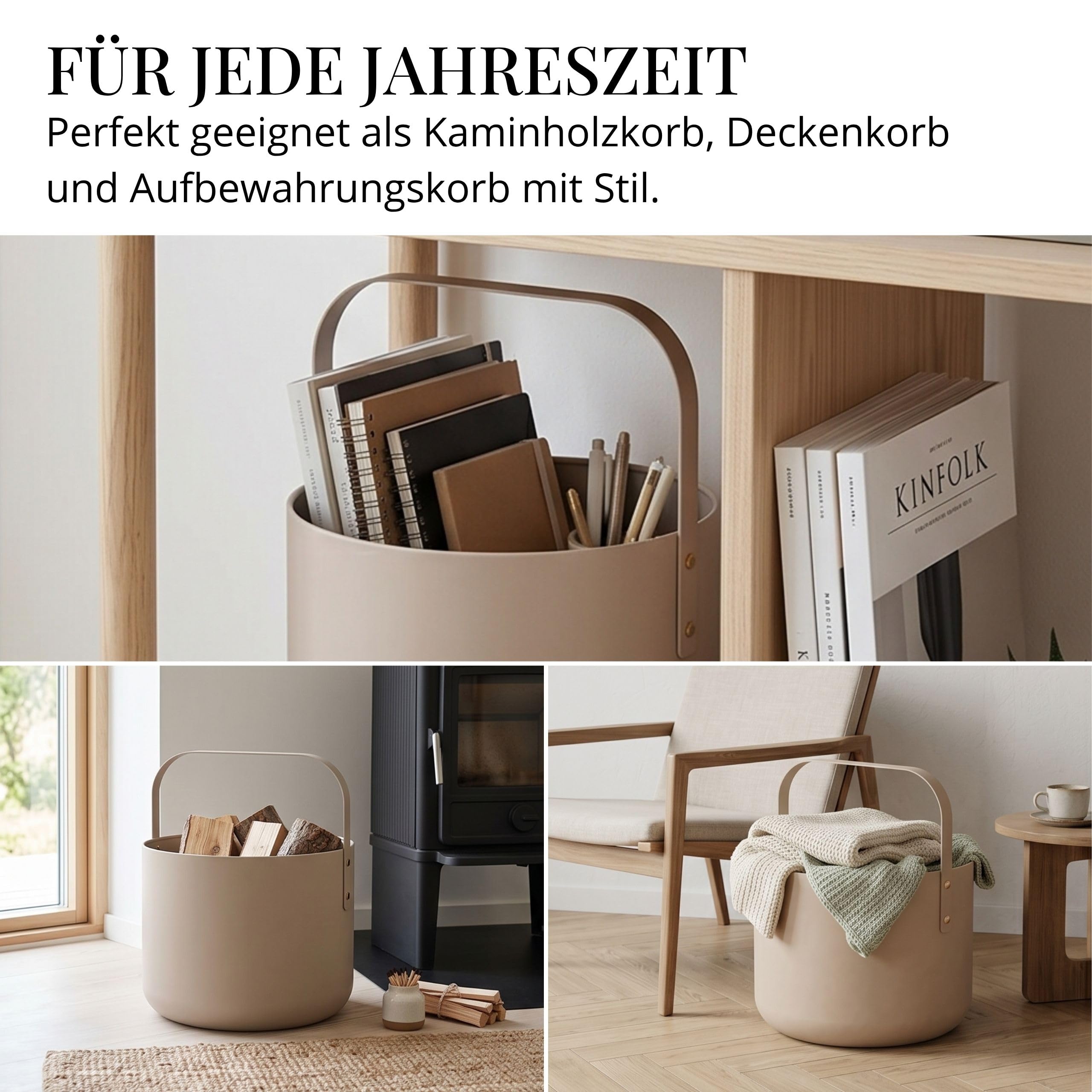 LIVLIG Design Kaminholzkorb Metall, Holzkorb für Kaminholz mit Henkel, Großer Korb für Kaminholz 36 x 44 cm, Brennholzkorb als Kaminzubehör, Aufbewahrungskorb in Matter Optik, Beige