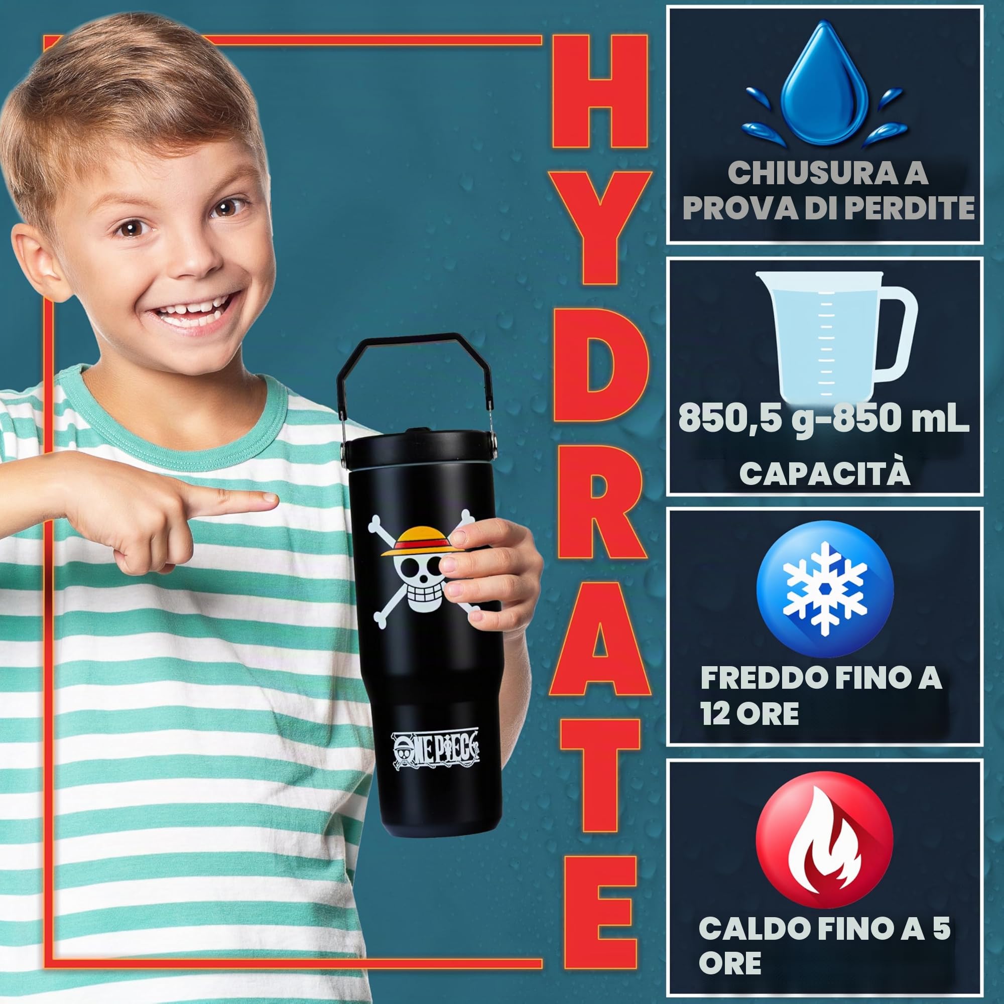 Get Trend One Piece Bicchiere Termico con Cannuccia e Maniglia, Metallo Tazza da Viaggio 850ml, Isolamento Termico Sottovuoto a Doppia Parete (Nero One Piece)