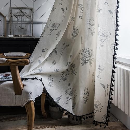 Farmhouse Boho Curtains 63 Inch Length 2 Panels Living Room Semi Sheer Drapes Vintage Floral Tassel Window Curtain Panel Bedroom Grey and Off White Cotton Linen Blend Rod Pocket Window Treatment