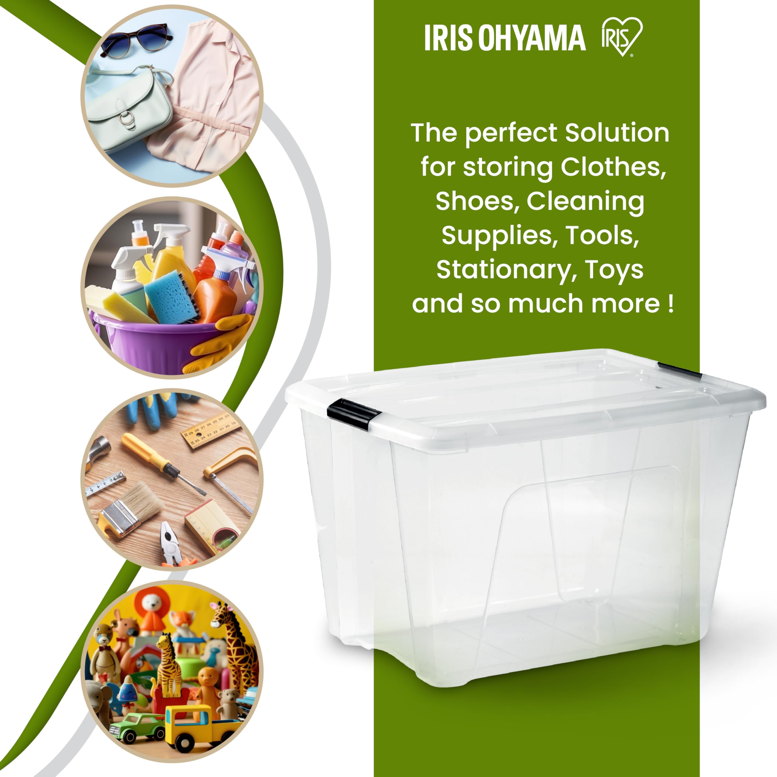 Iris Ohyama, Boite Rangement Plastique avec Couvercle, 55L, Lot de 3, Transparent, 98% en Plastique Recyclé, Clips de Fermeture, Poignée, Empilable, pour Chambre, Dressing, Bureau, Sans BPA, BSB-55