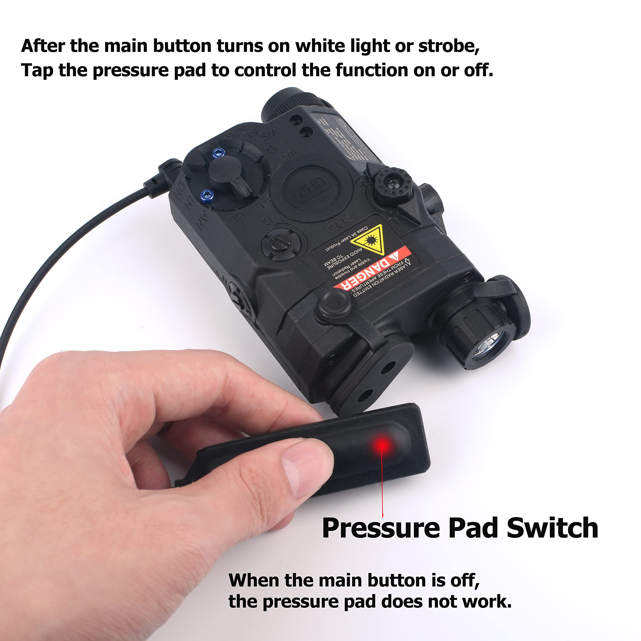 PEQ LA-5C UHP Torch Version lampe de poche, éclairage blanc et boîte de cas de fonction stroboscopique boîte de batterie factice avec interrupteur de coussin de pression LA-5C