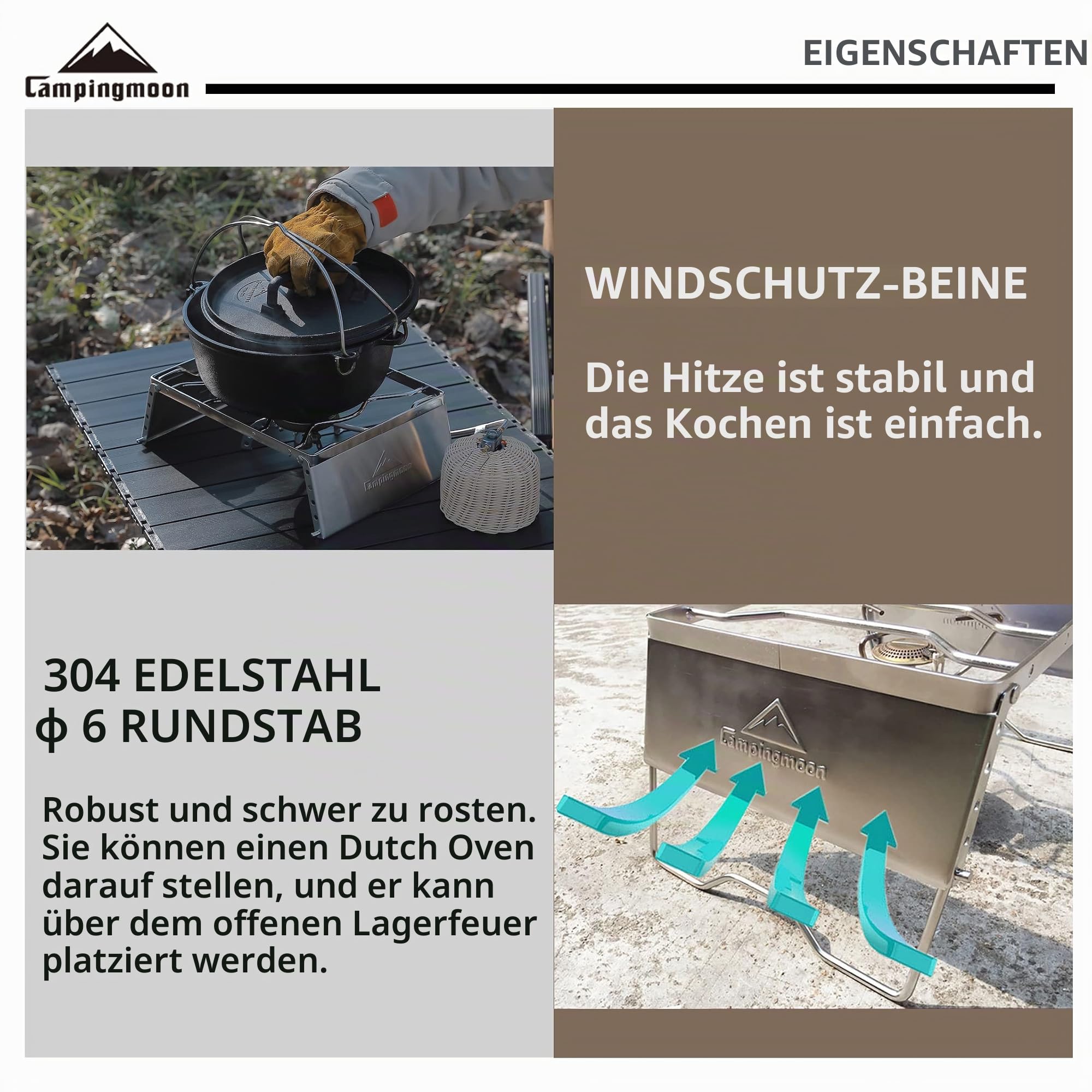 CAMPINGMOON Tragbarer Lagerfeuergrill aus 304 Edelstahl mit Grillgitter, Windschutzscheibenbeinen und Tragetasche MS -1018-SW